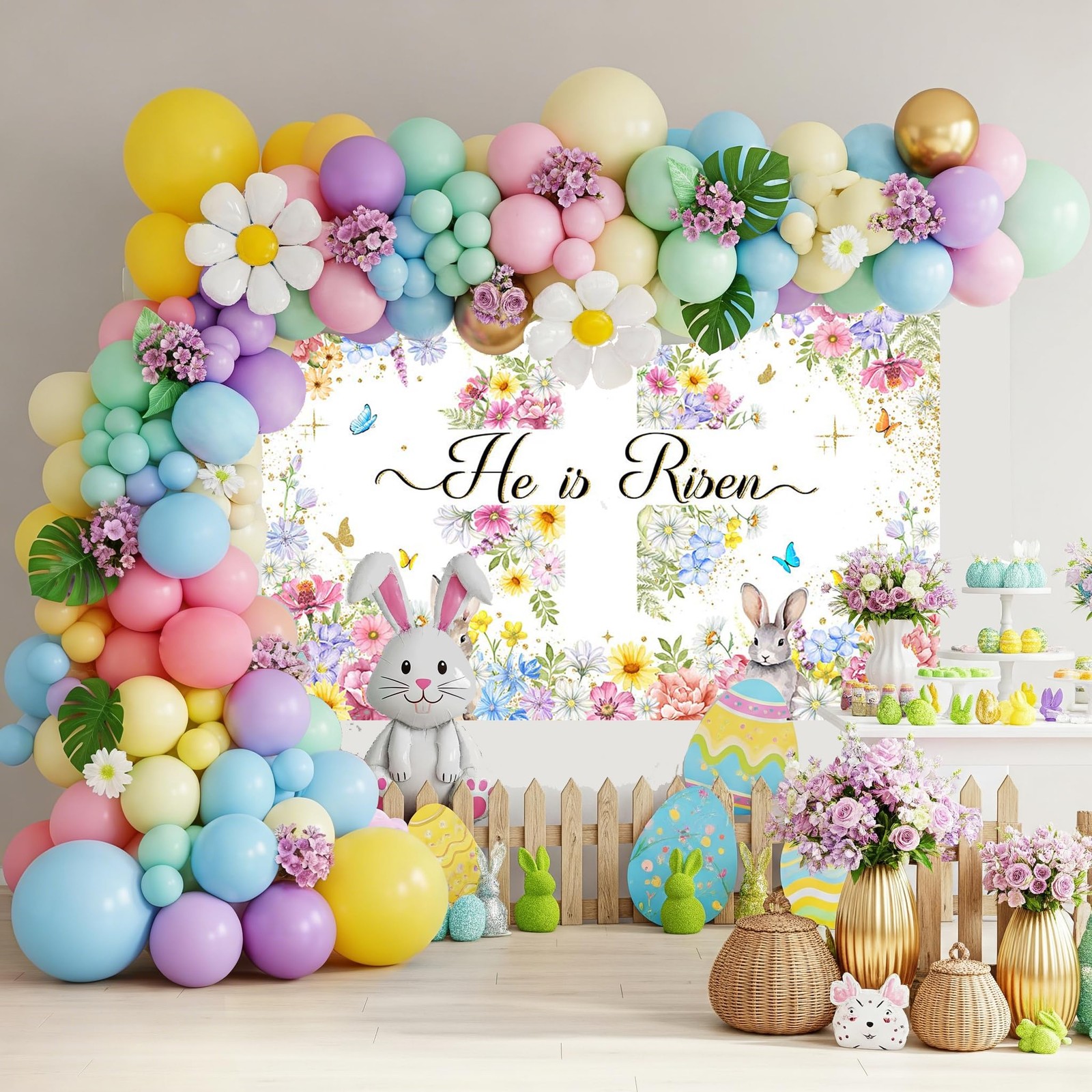 Easter He is Risen Banner Backdrop Spring Easter Jesus Cross He is Risen Easter