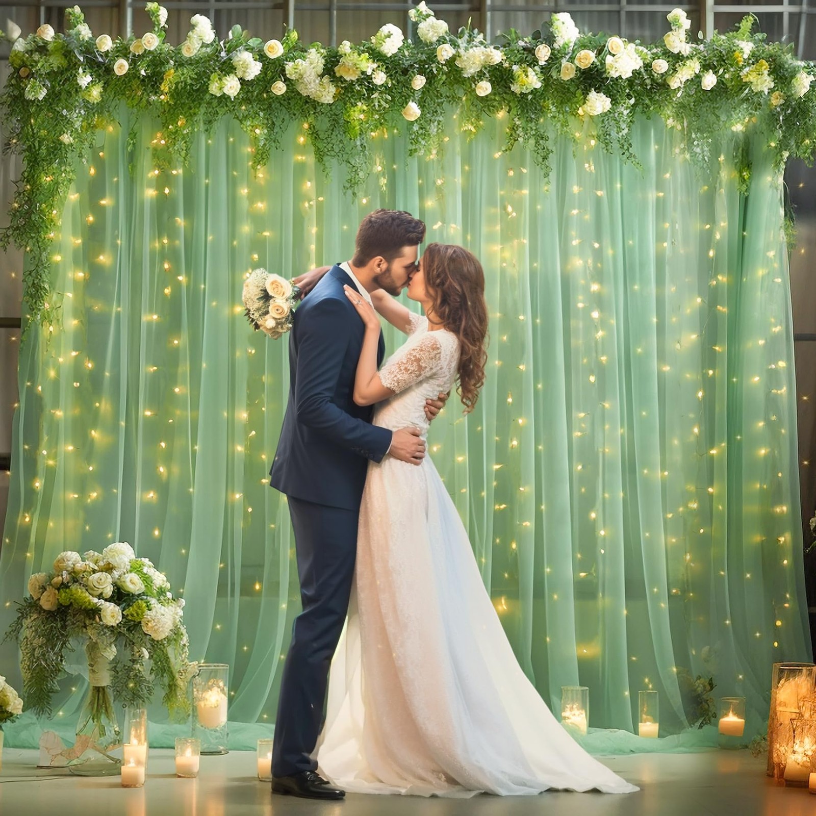 108FT Green Tulle Curtain Backdrop With Lights String Sheer Party Drape Photo