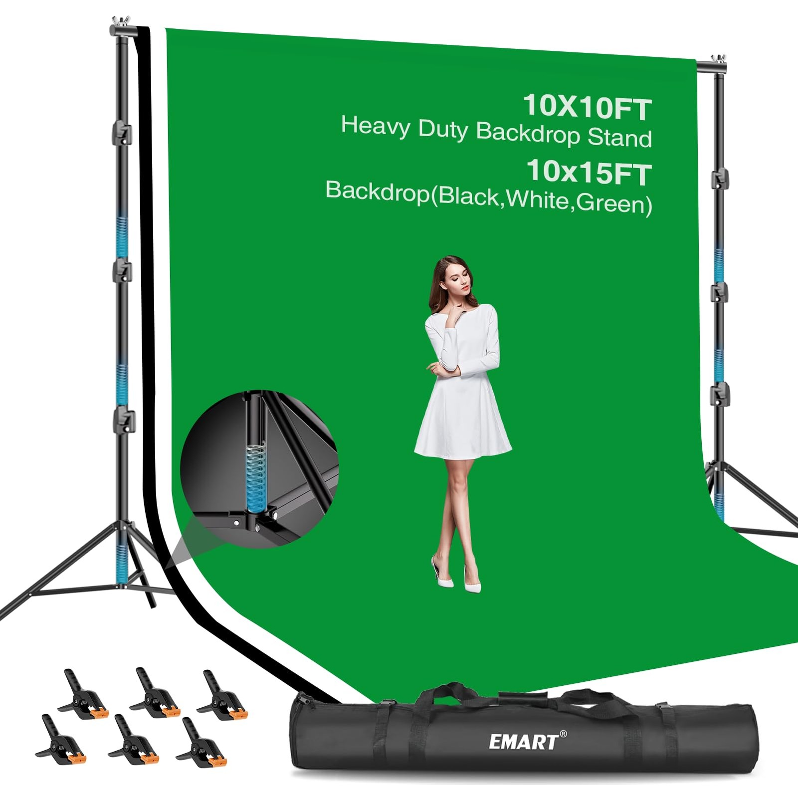 EMART 10x10ft 10x10ft(backdrop stand)/10x15ft(backdrop), Black/White/Green