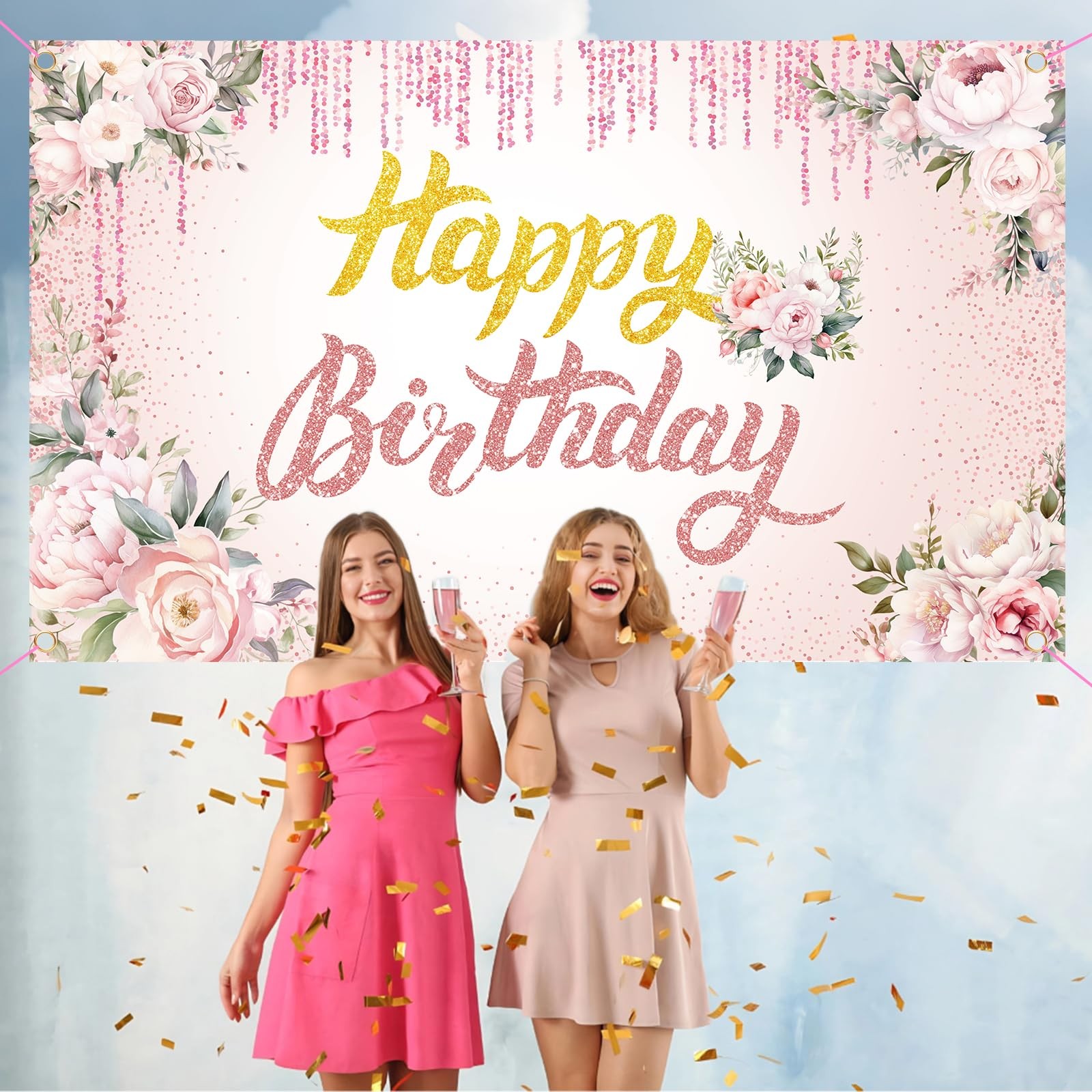 Happy Birthday Backdrop Banner, 3 x 5Ft Floral Background Party Supplies Pink…