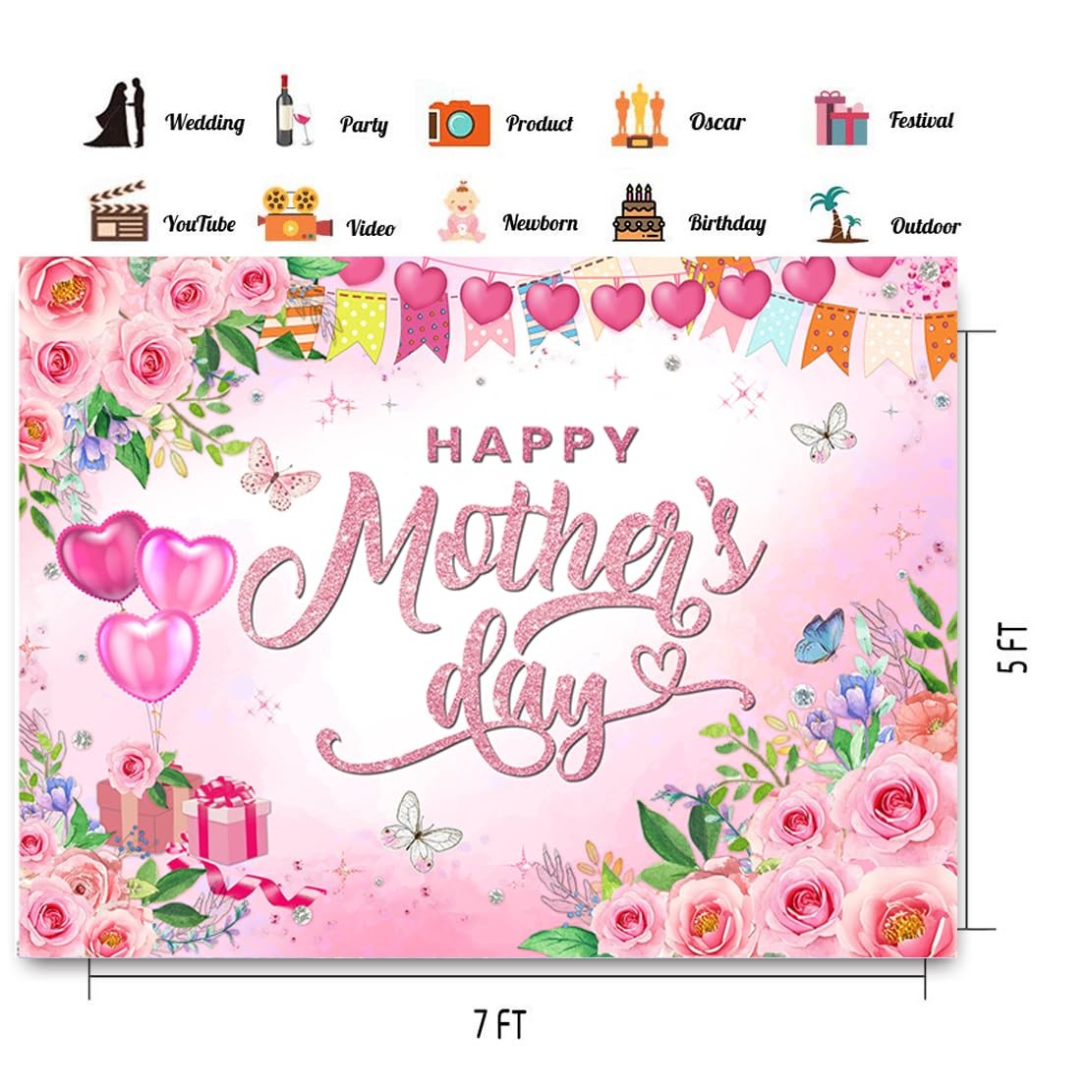 7X5ft Happy Mother’s Day Backdrop Watercolor Flower Background Mothers Day Birth