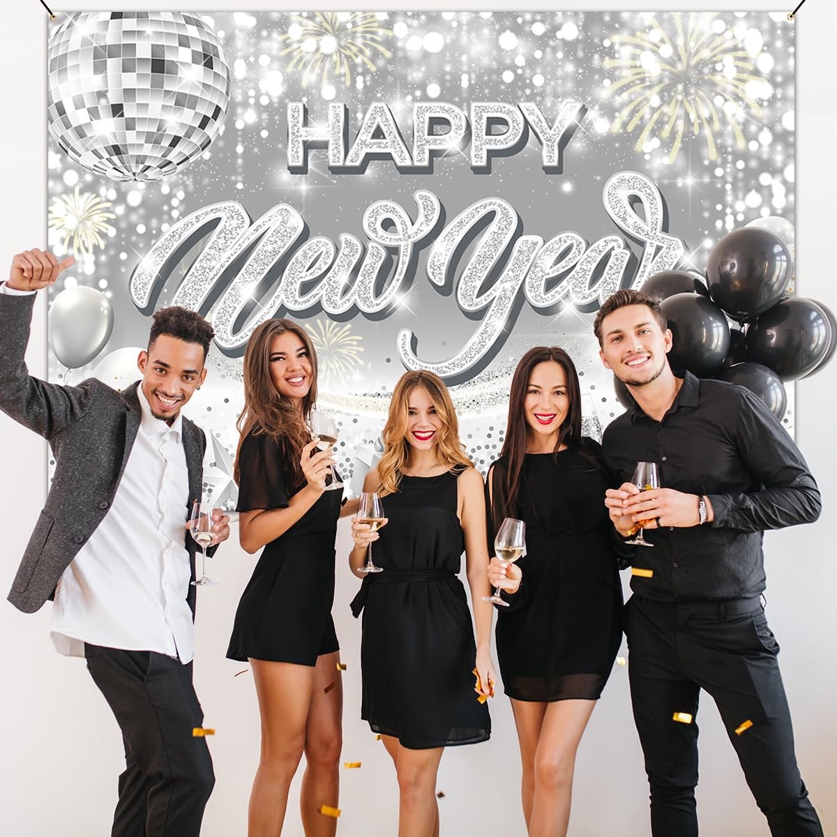 Happy New Year Backdrop-New Years Eve Party 5.9 feet x 3.6 feet, Silvery