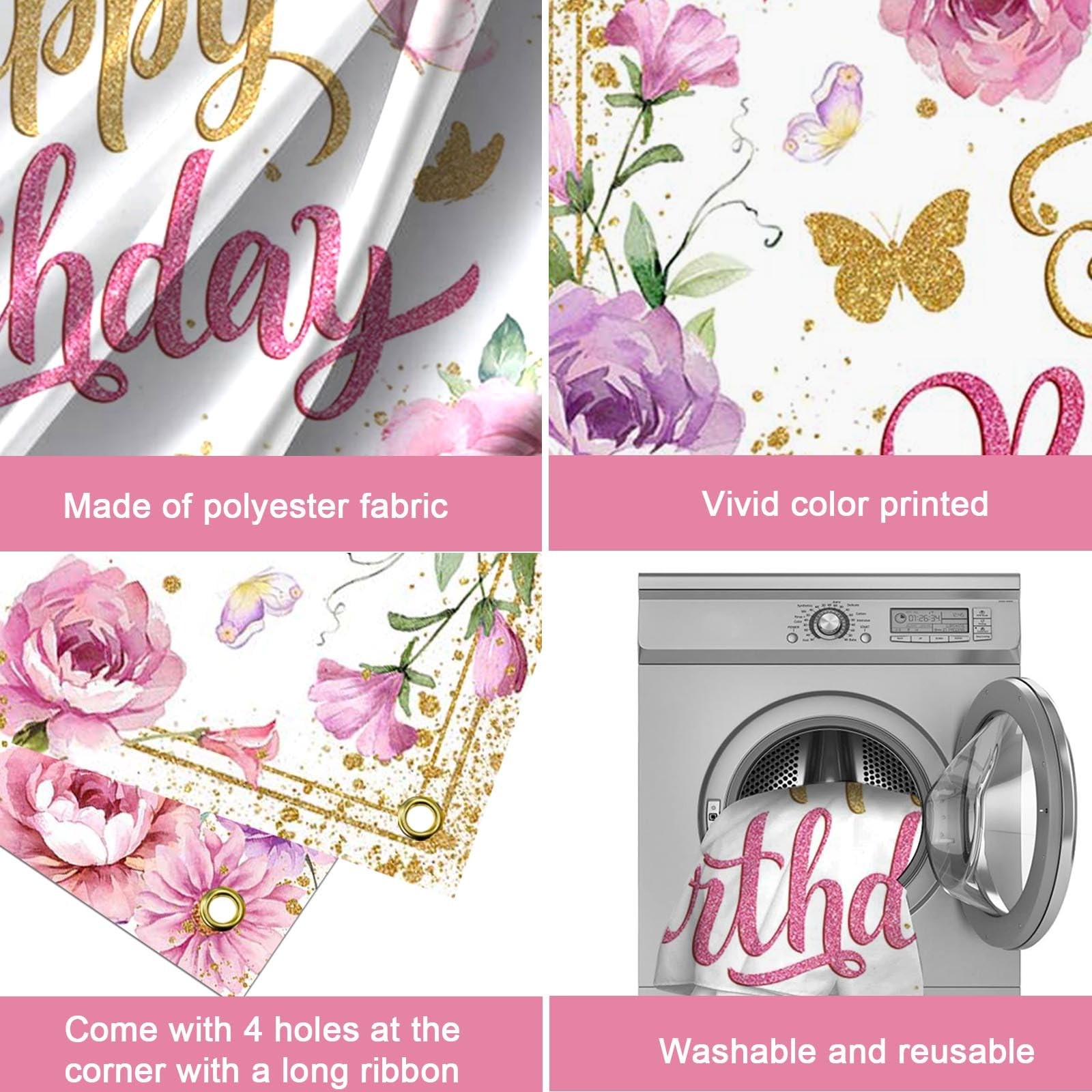 Happy Birthday Backdrop for Women Pink Floral Happy Birthday Party Decorations..