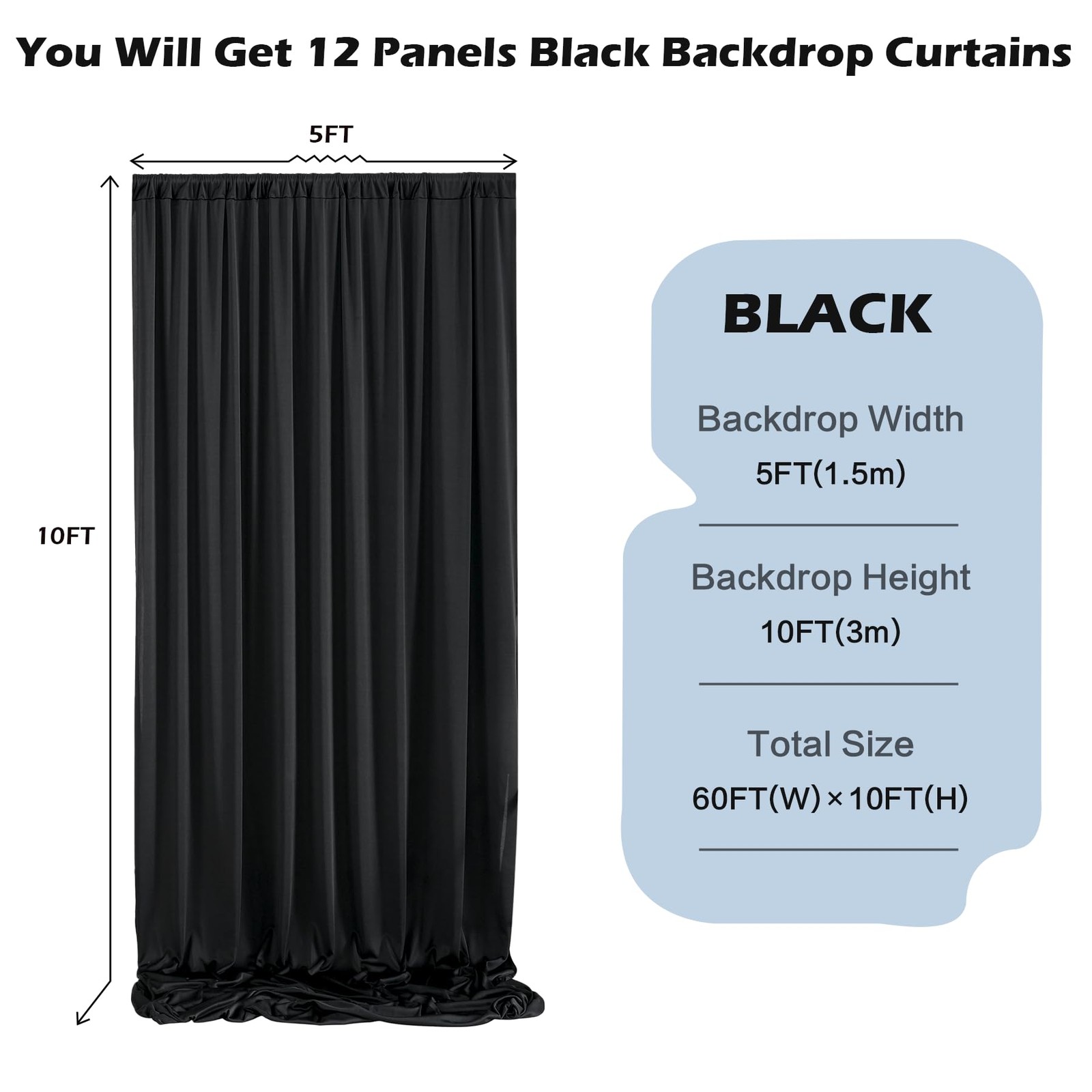60ft x 10ft Wrinkle Free Black Backdrop Curtain W5ftxH10ft_12 Panels,