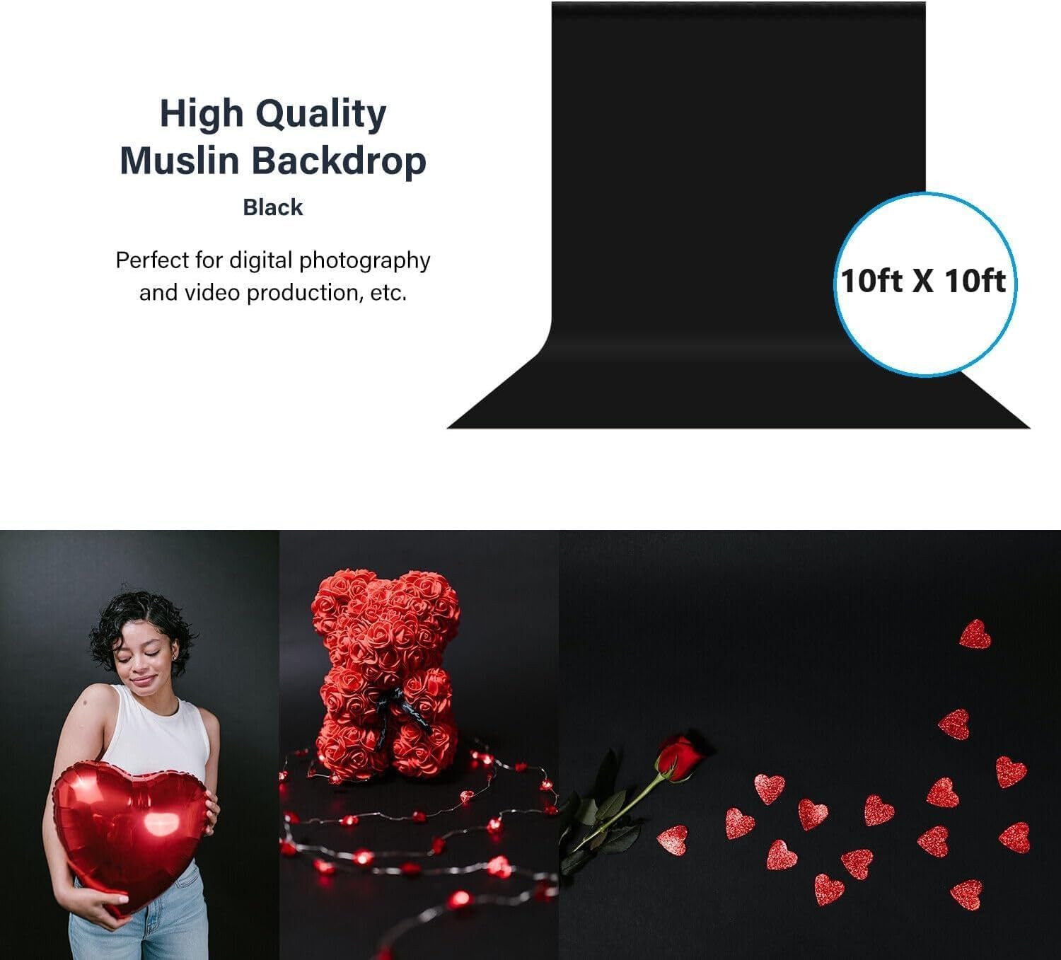 Black Backdrop 10 X 10 Ft, Solid Black Photo Backdrop, High Density Polyester Fa