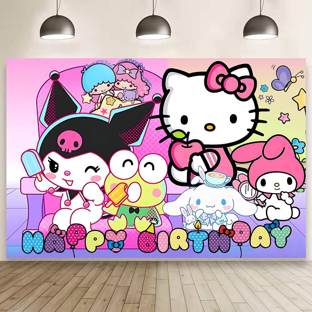 Kawaii And Friends Decorations Happy Banner Backdrop for Party Supplies (5x3ft)