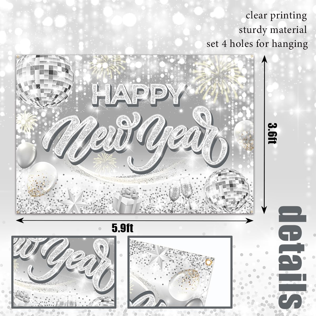 Happy New Year Backdrop-New Years Eve Party 5.9 feet x 3.6 feet, Silvery