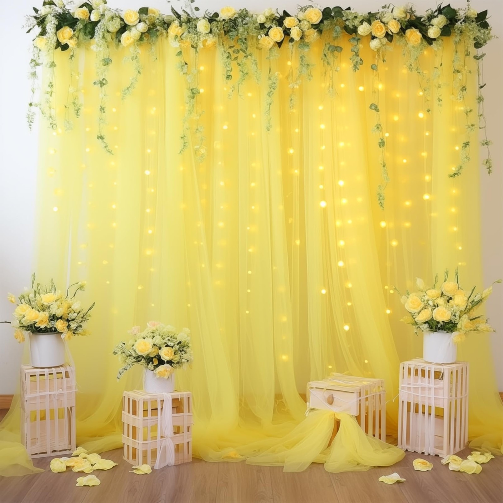 10×8ft Yellow Tulle Curtain Backdrop with Lights String for Parites, Sheer Ba…