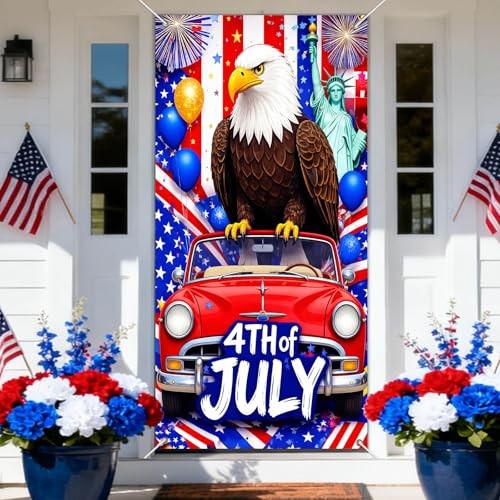 Patriotic Door Cover Decoration 71 x 35 in Holiday 4th of July Eagle Red Car