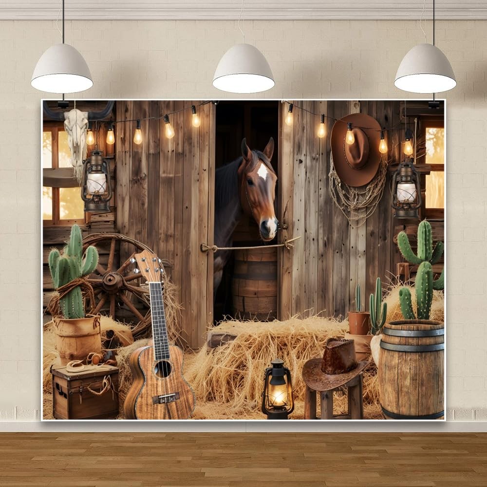 Wild West Cowboy Party Backdrop 10x8ft Rustic Barn Door Background with Horse…