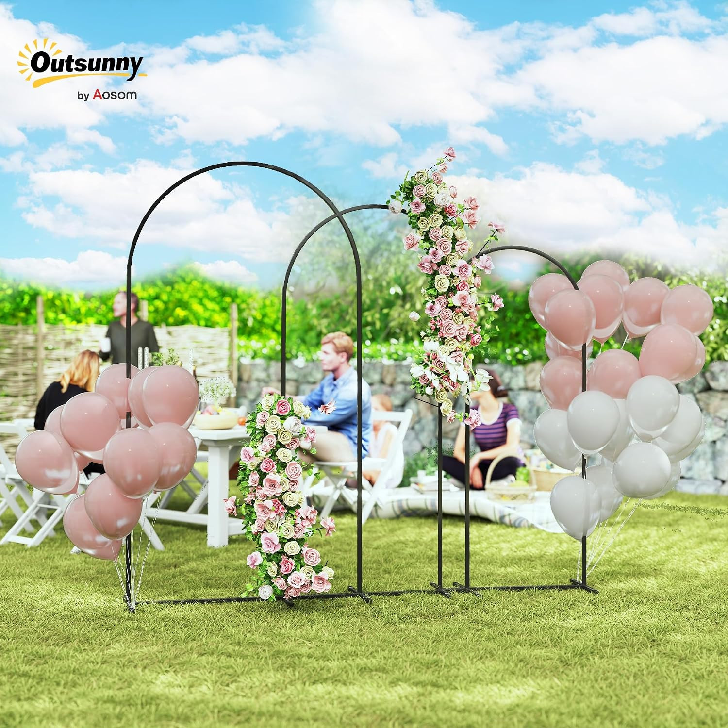 Outsunny Metal Arch Backdrop Stand Set of 3, 7/6.5/6 Ft Wedding Arch Frame, Ball