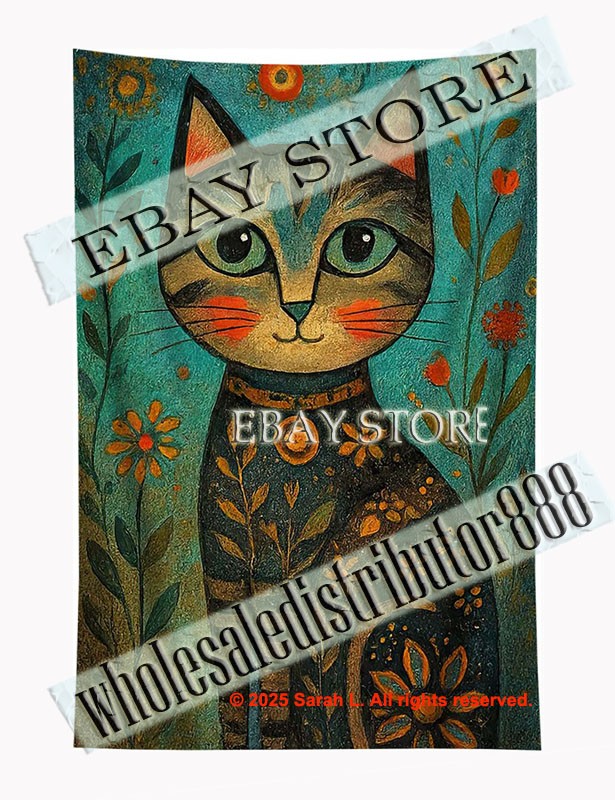 Tapestry Nouveau Cat Portrait Photography background 59X82 in
