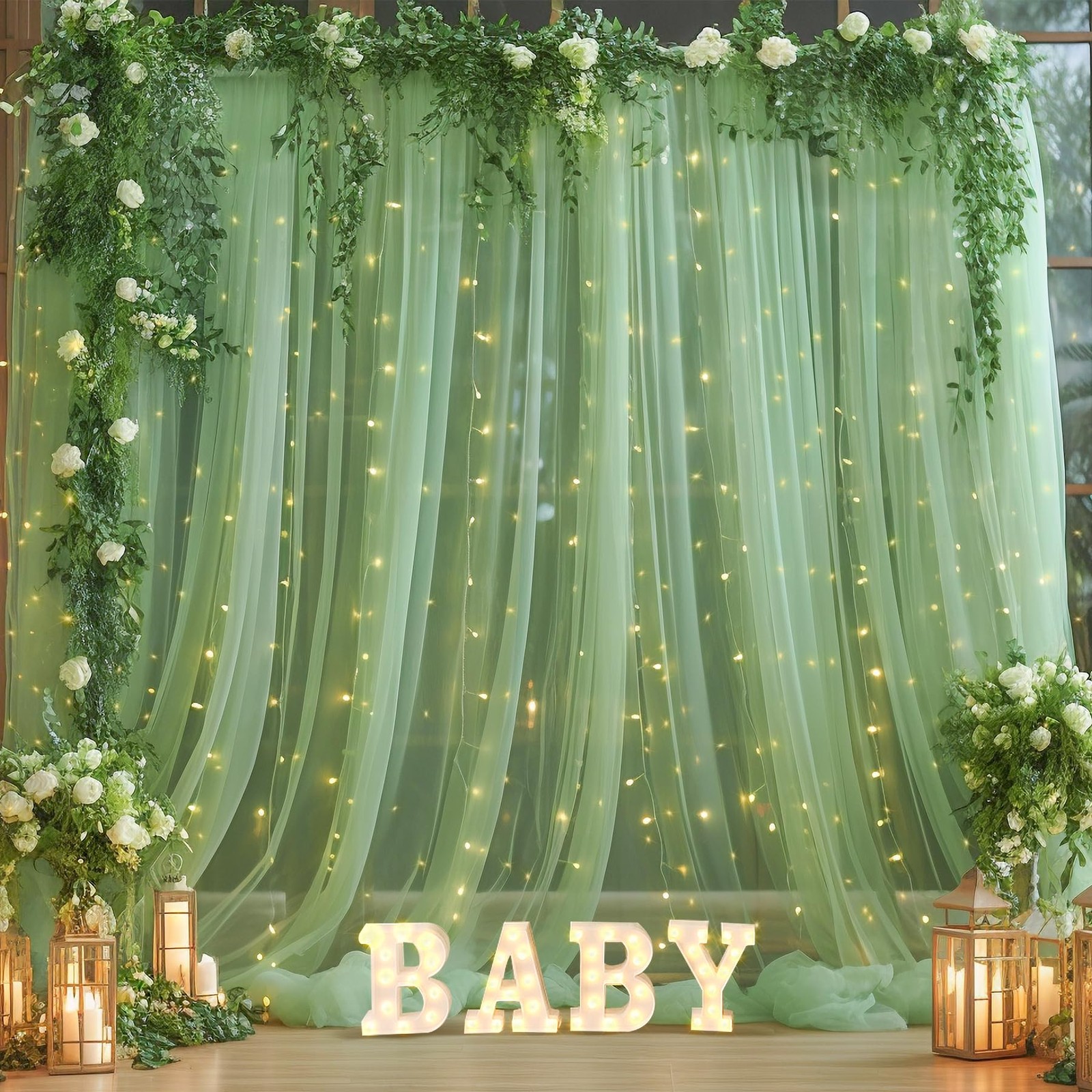 10×8ft Green Tulle Curtain Backdrop with Lights String for Parites, Sheer Bac…