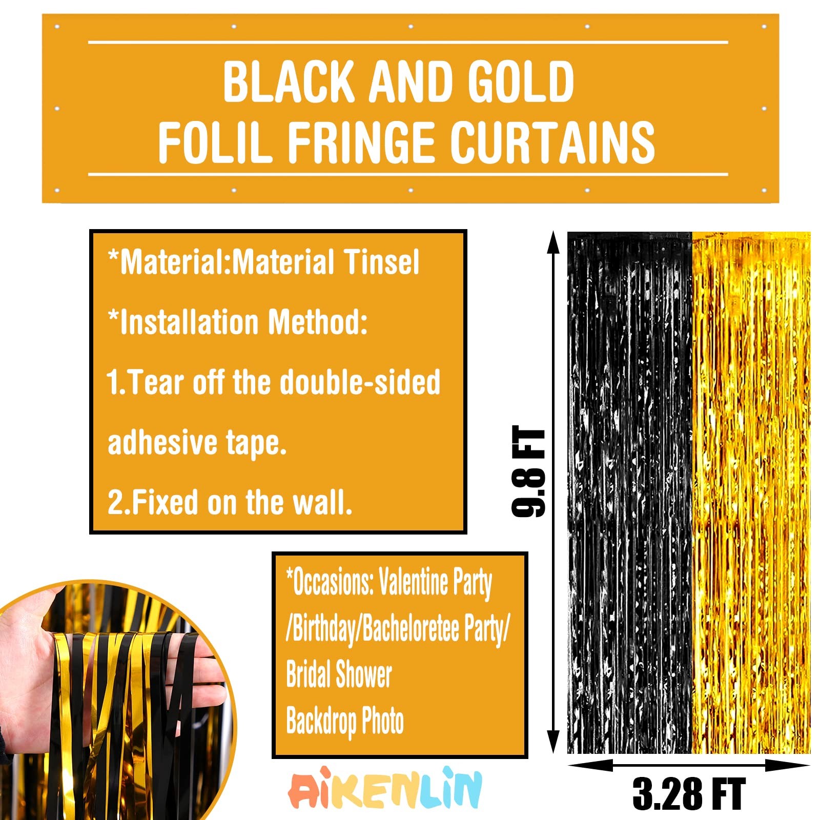 4 PCS 3.2×9.8Ft Black Gold Foil Fringe Curtain Backdrop Metallic Tinsel