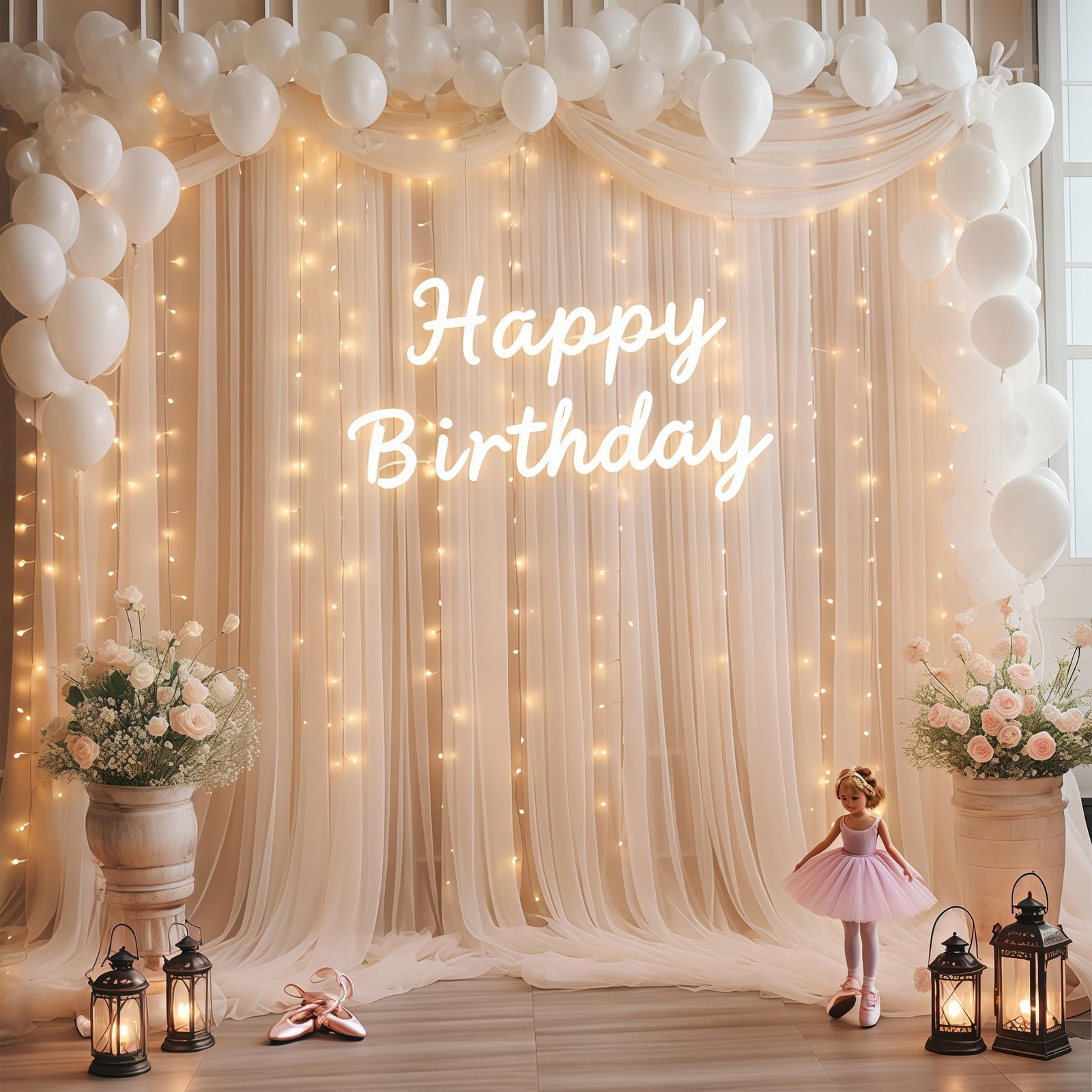 10×10ft Champagne Tulle Backdrop Curtain with Lights String for Parites, Shee…