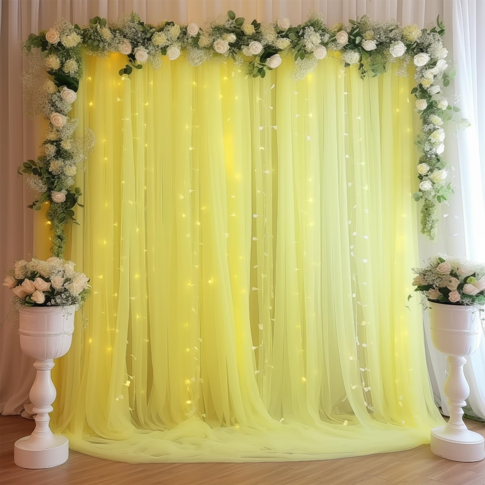 10×8ft Yellow Tulle Curtain Backdrop with Lights String for Parites, Sheer Ba…