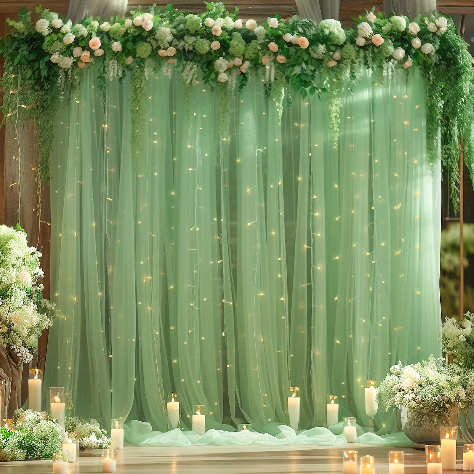 20×10 Green Tulle Backdrop Curtains, Sheer Drapes, Wedding, Photo Background