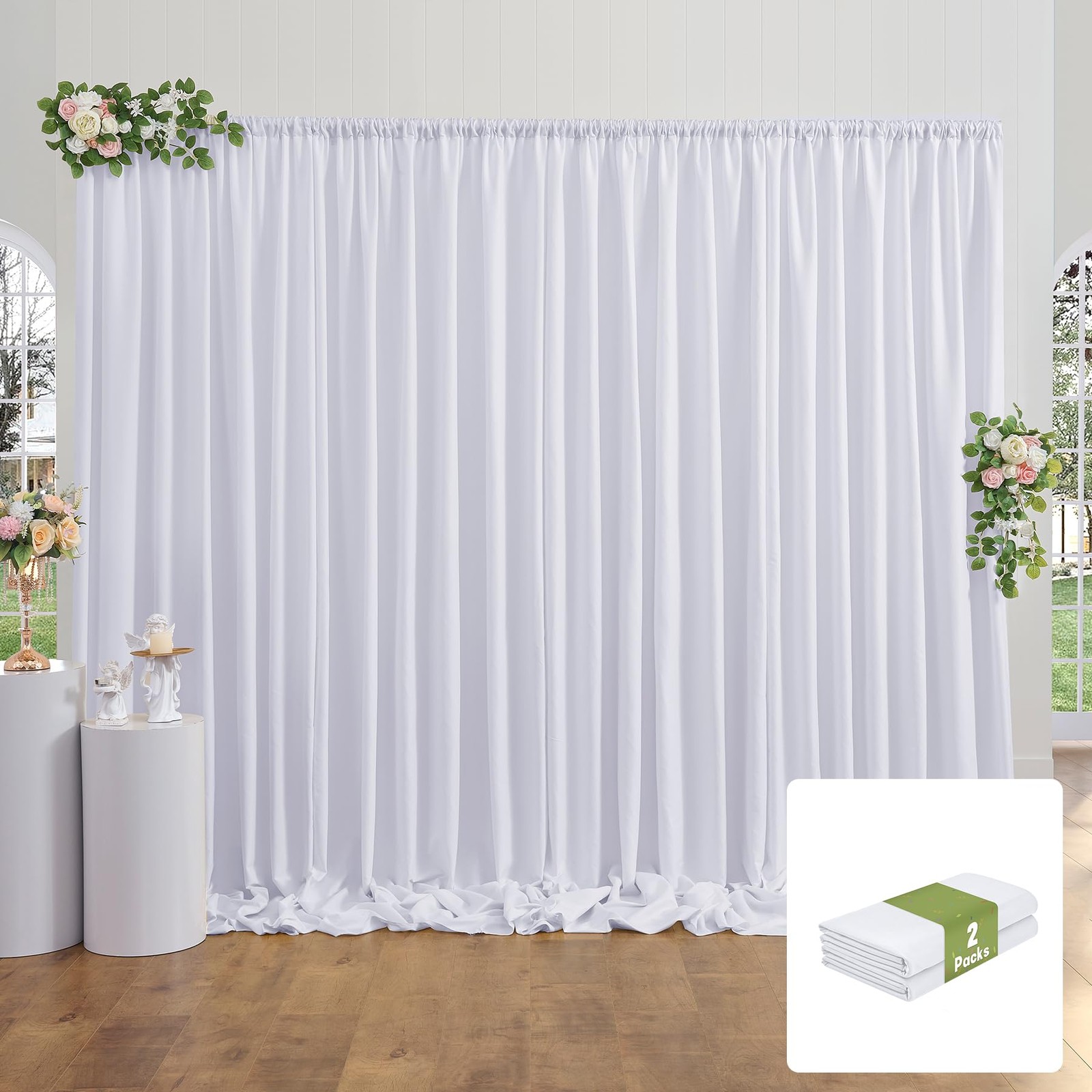 2 Panels 10x10FT White Backdrop Curtains 5x10FT Each, Polyester Drapes