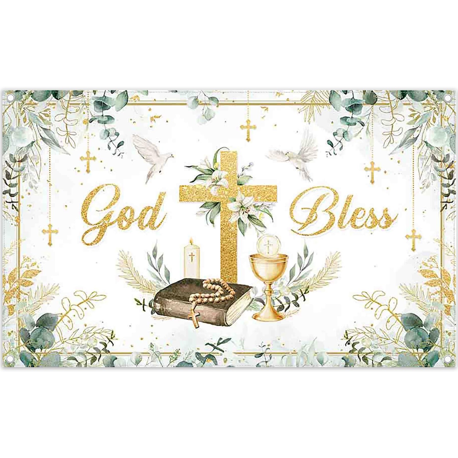 Greenery God Bless Backdrop 72×43 Inch Gold Cross First Holy Communion Props