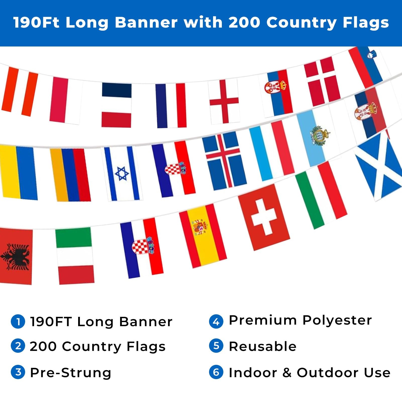 200 Country Flags Banner 190ft, Pre-Strung Reusable Polyester Flags of the Wo…