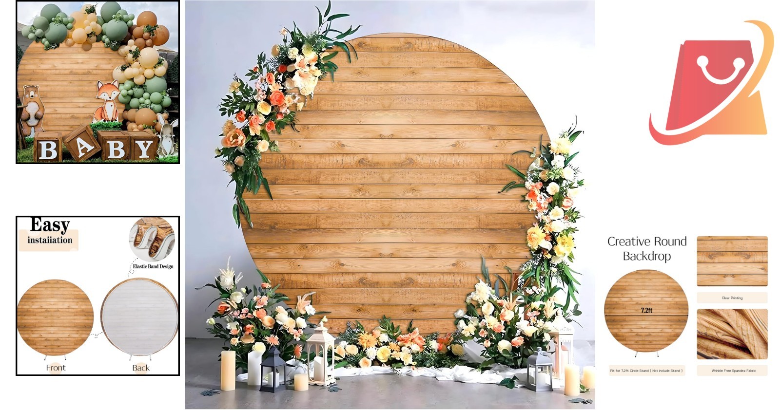 Wood Grain Round Arch Backdrop Cover 7.2ft Wrinkle Free Wedding Party Decor