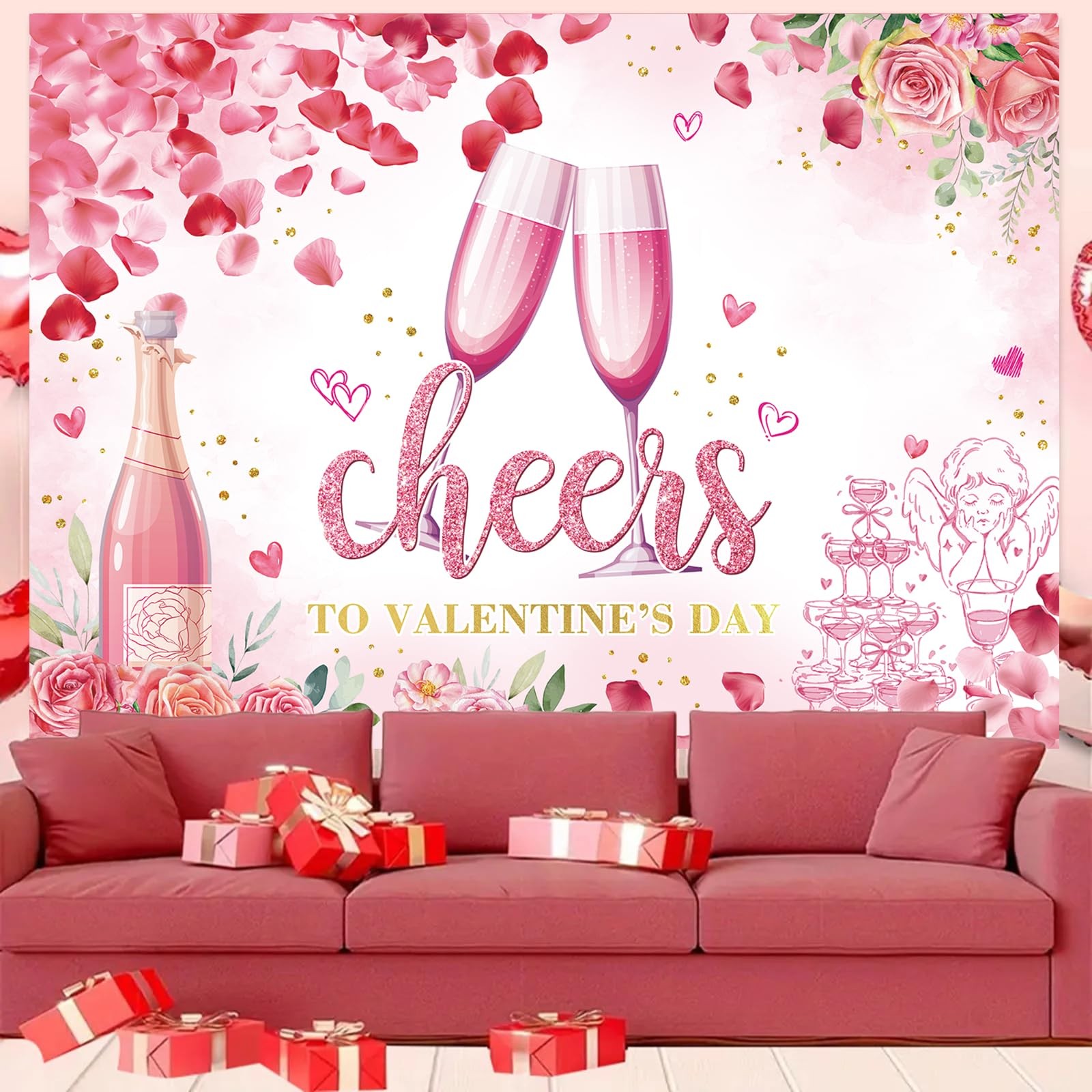 7x5FT 210x150cm Valentines Day Backdrop Pink Flower Love Heart Glitter Dots