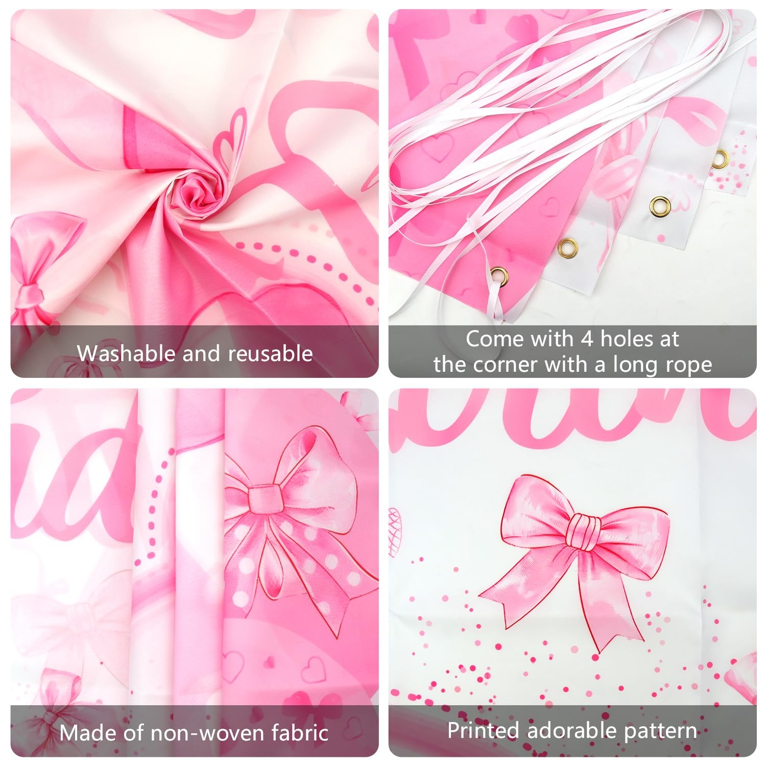 Pink Bow Coquette Girl Happy Birthday Decoration Photo Backdrop 71×47 In