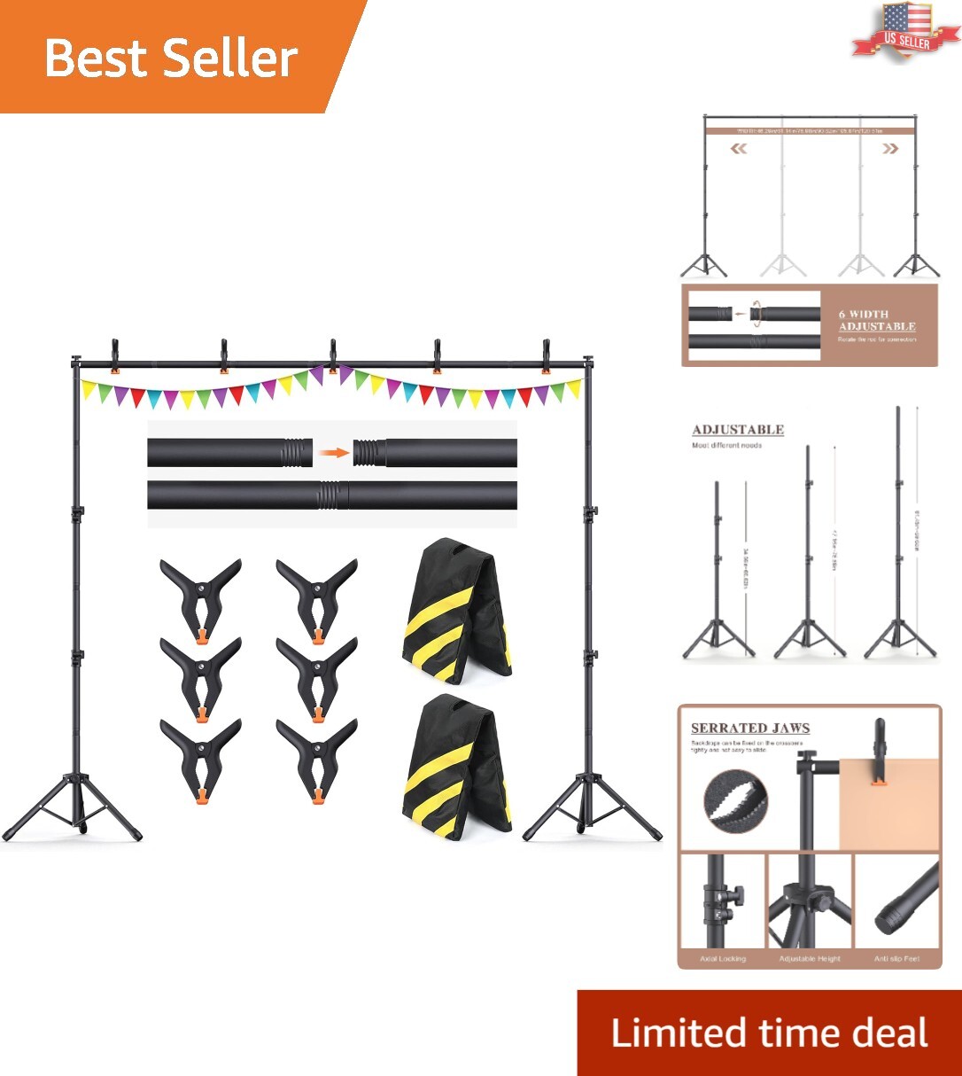 10×7.5Ft Adjustable Heavy-Duty Backdrop Stand Kit with Clamps for Photographers