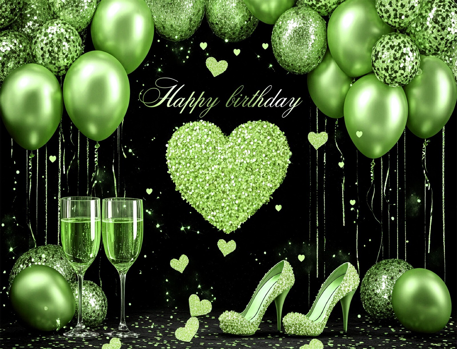 10x8ft Sage Green Balloon on Black Happy Birthday Photo Background Studio Props