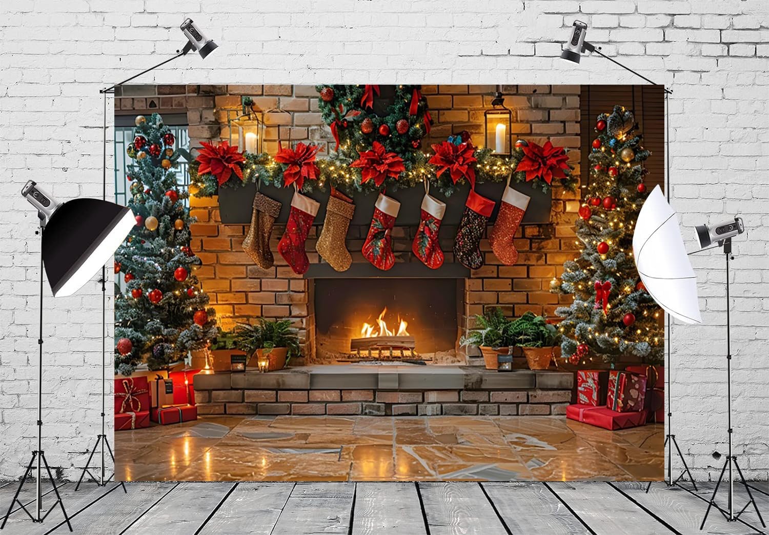 7x5ft Christmas Fireplace Backdrop Tree Xmas Stocks Brick
