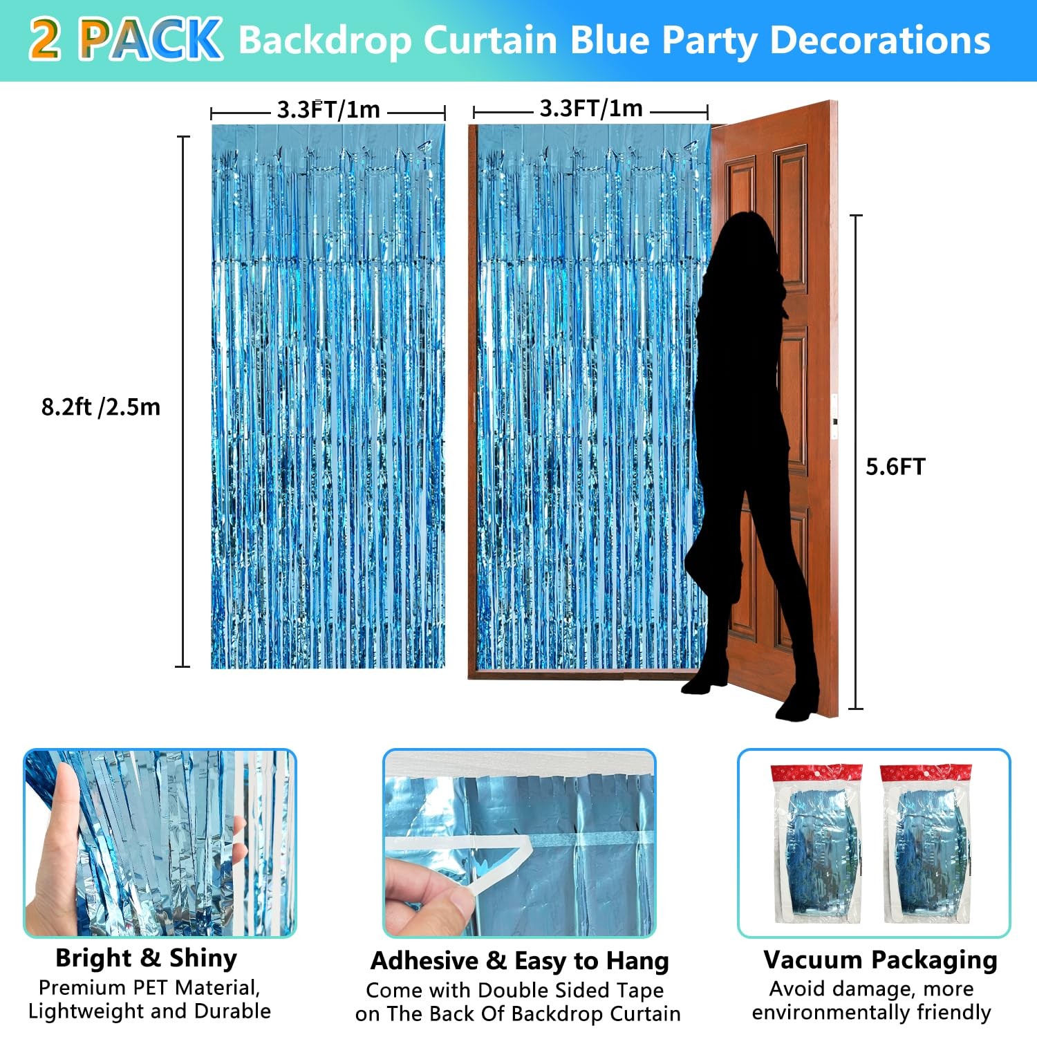 2 PCS Blue Streamer Party Decoration 3.3×8.2 Ft Light Blue Tinsel Foil Prop