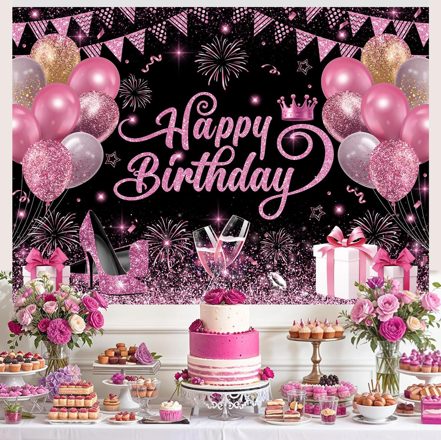 7X5Ft Pink and Black Happy Birthday Backdrop Women Birthday Party Photography