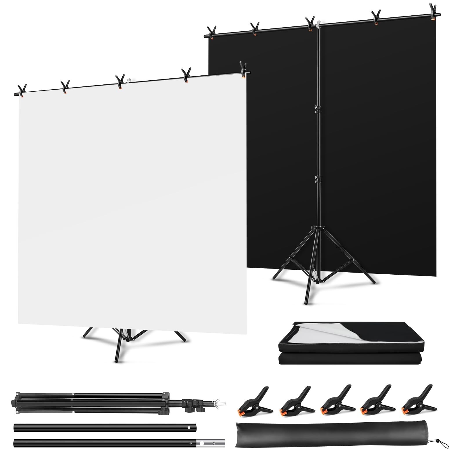 5×6.5ft Reversible Black & White Backdrop Screen Kit with T-Stand & 5 Clamps