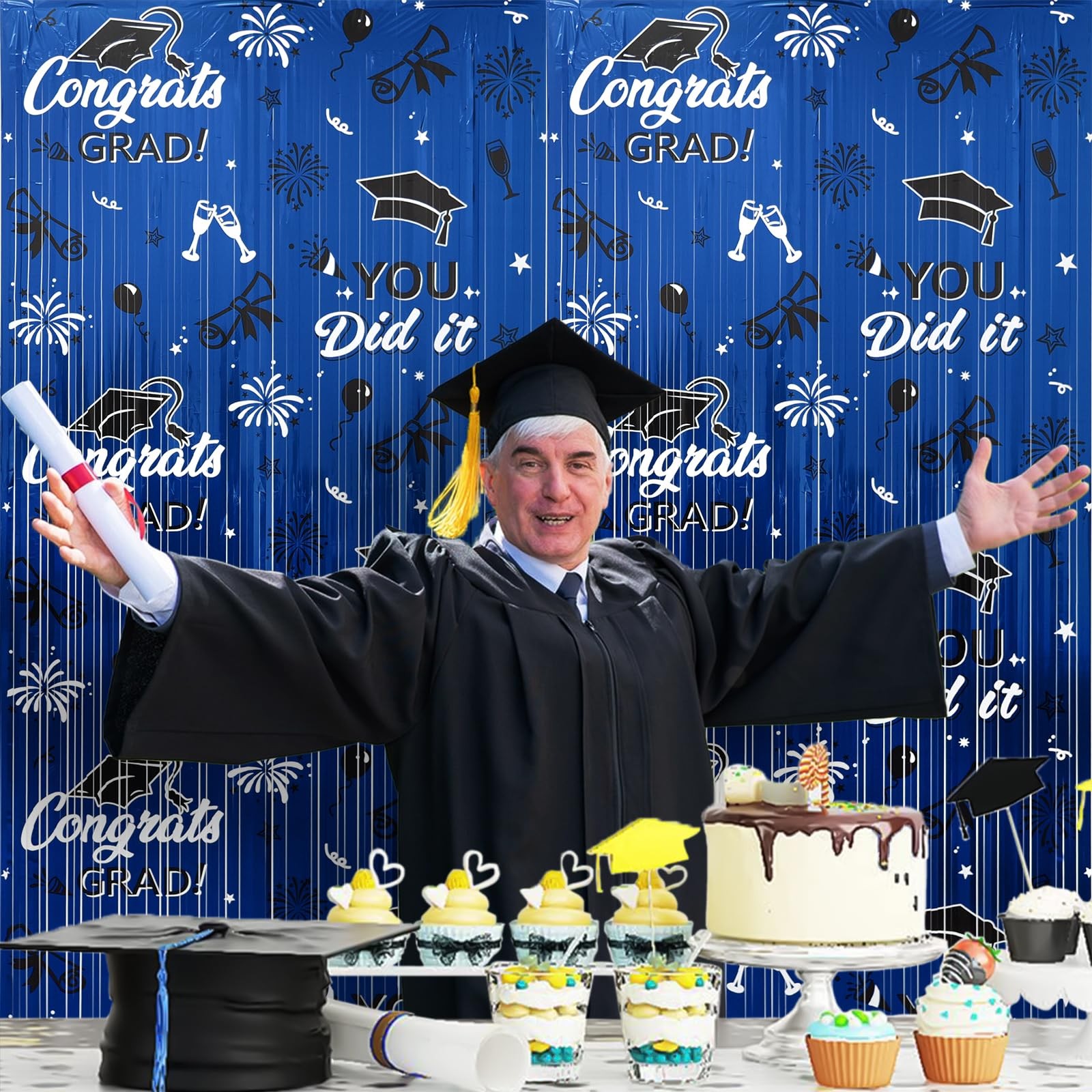 2025 Graduation Foil Fringe Curtains 2 Pack 3.2×6.5 ft Blue Black Graduation …