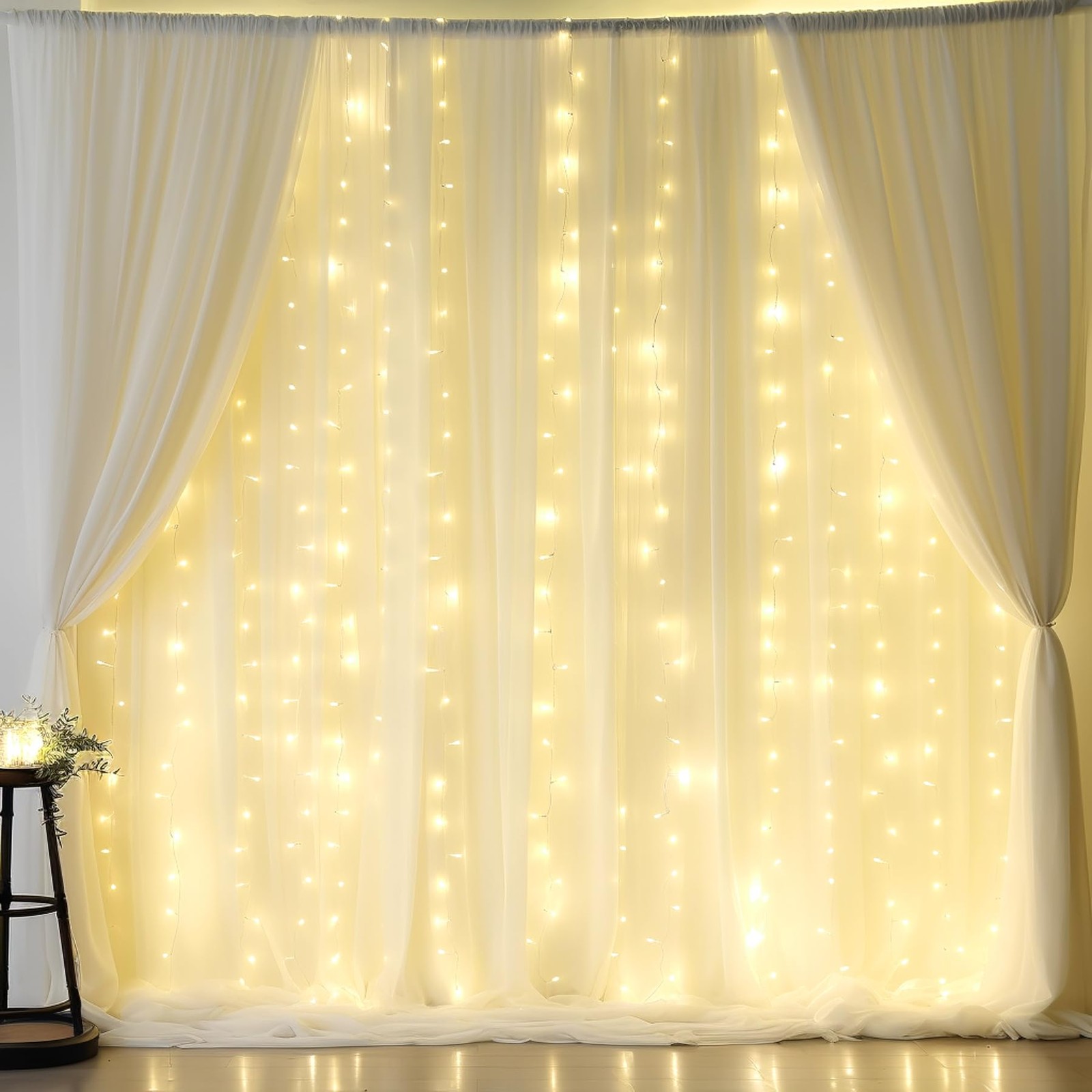 10x10ft Beige Chiffon Backdrop Curtain Lights Wedding Baby Shower Set