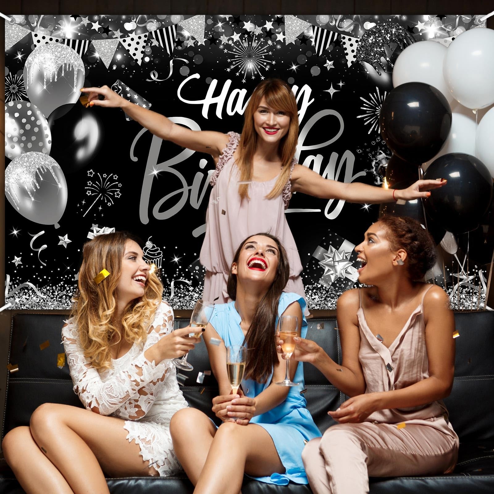 Black Silver Birthday Banner Birthday Decorations for Men Boys Silver Glitter…