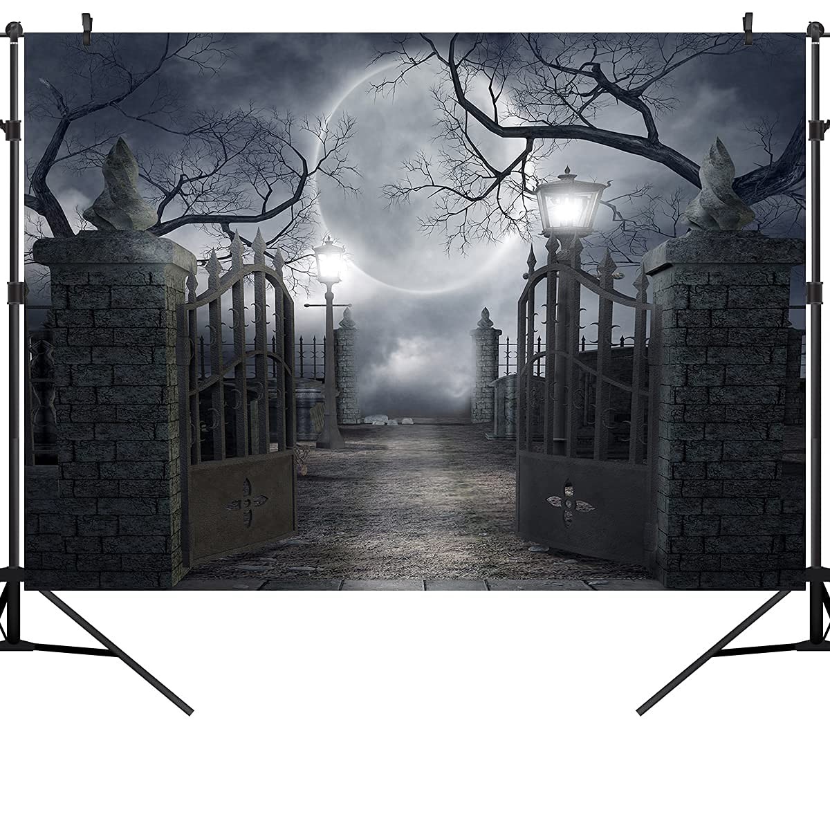 OUYIDA Halloween Night Full Moon Backdrop Gloomy Woods Graveyard 7X5FT, Clear