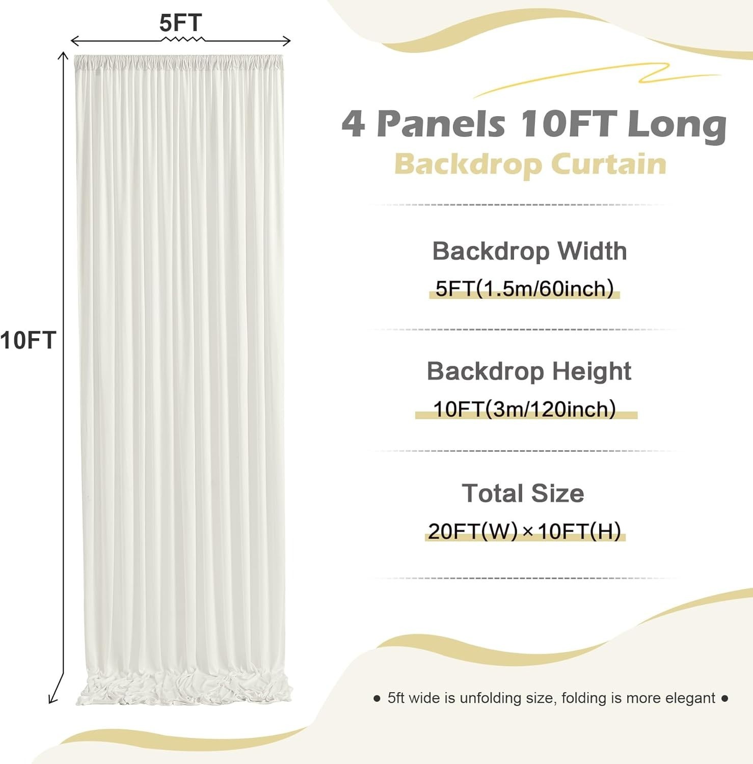 20ft x 10ft Wrinkle Free Ivory Backdrop Curtain for Parties, 4 Panels 5x10ft Sil