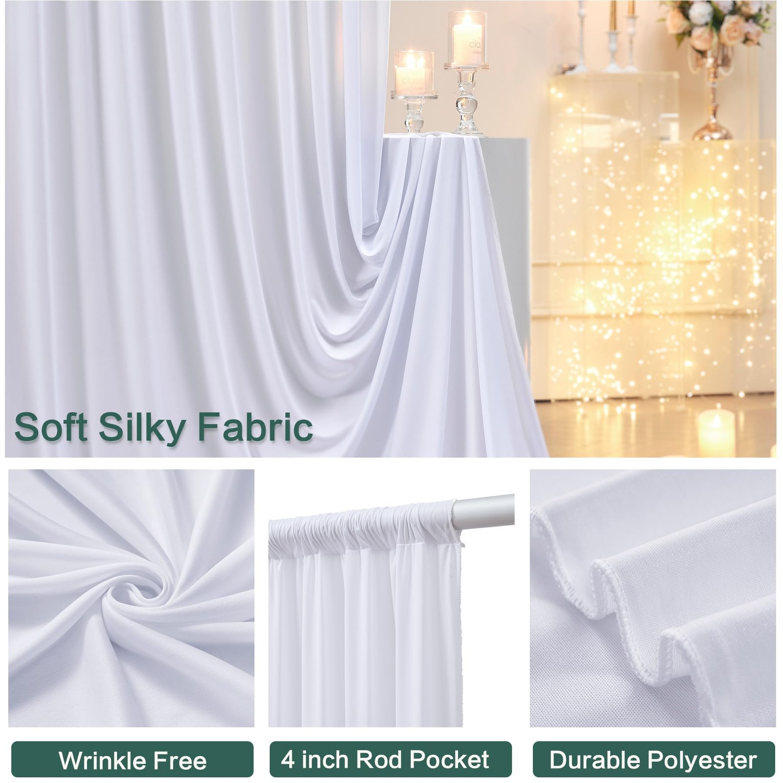 Party Village 40ft×15ft White Backdrop Curtain W5′ x H15′(8 panels),