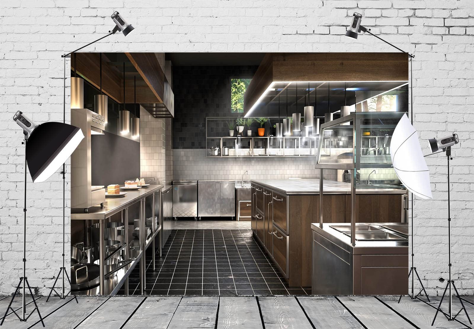 5x3ft Fabric Kitchen Interior Backdrop Luxury Bright Modern Restaurant Cooking