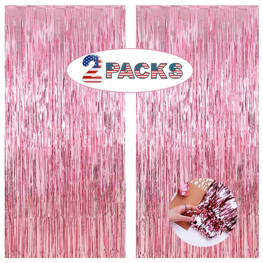 2 PCS 6.5×8.2ft Pink Foil Fringe Tinsel Curtains for Birthday Party Backdrop