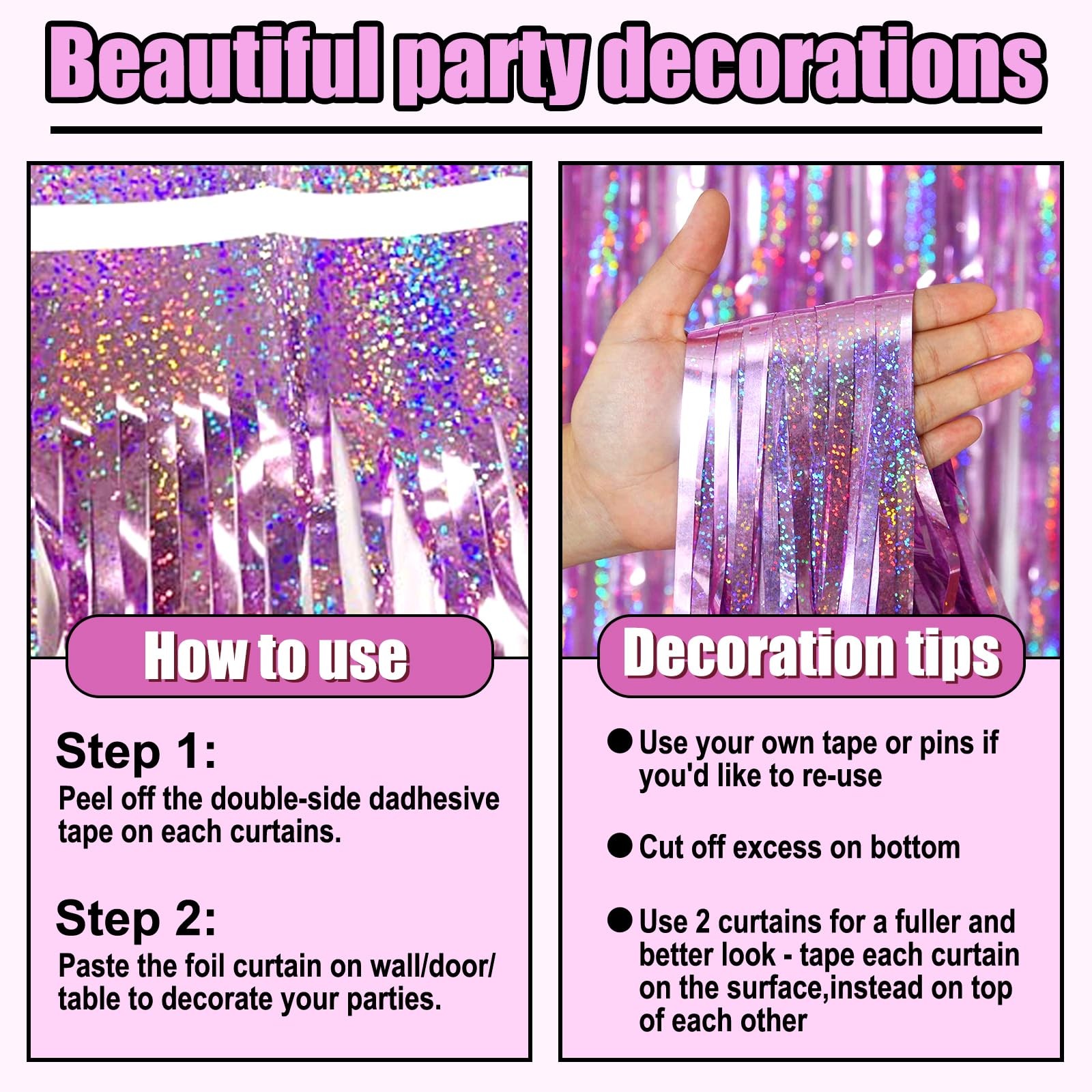 Pink Metallic Foil Fringe Curtain Backdrop Party Streamers 3.28×8.2 Ft 6 PK