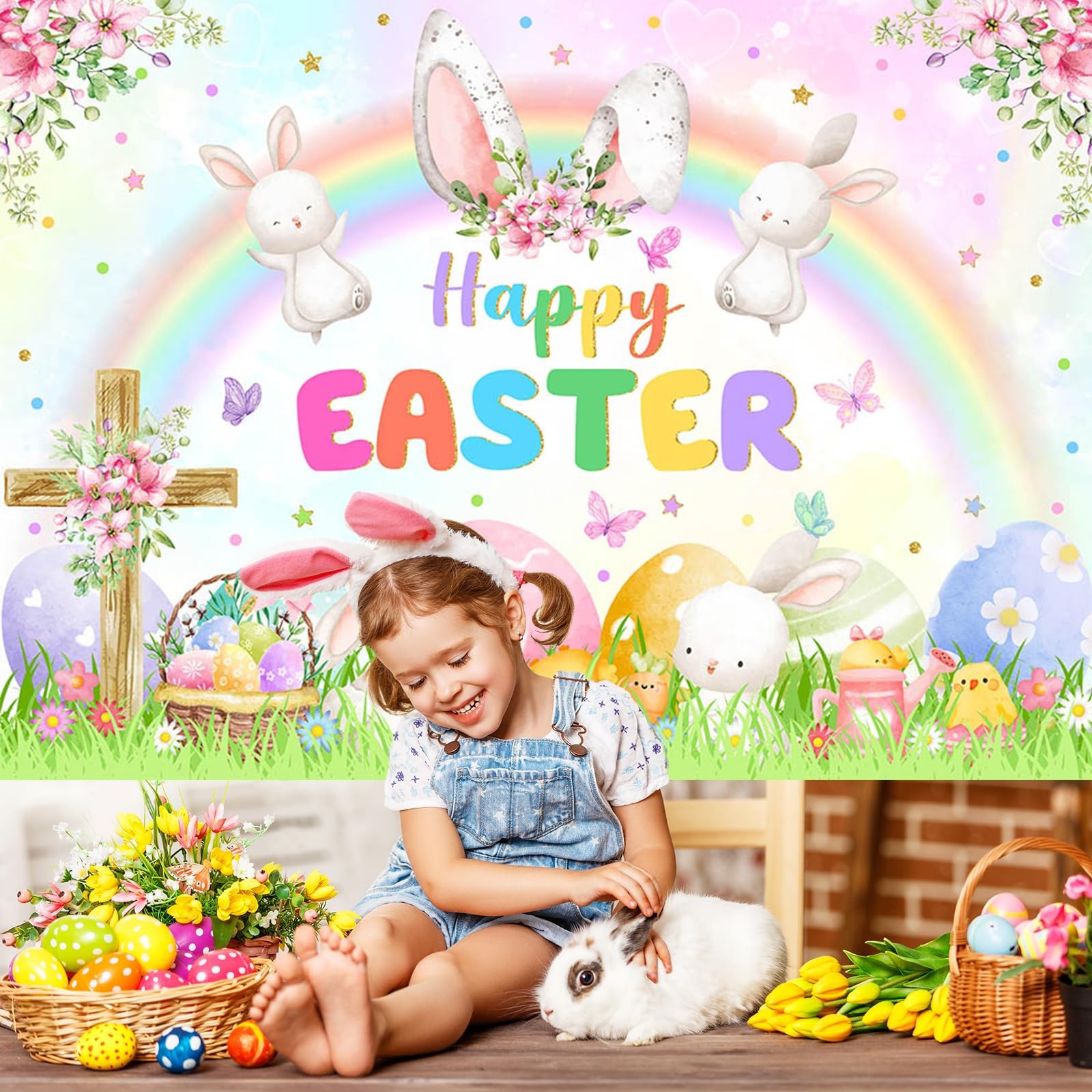 7x5ft Spring Easter Backdrop Banner Spring Rainbow Garden Happy Easter Backgroun