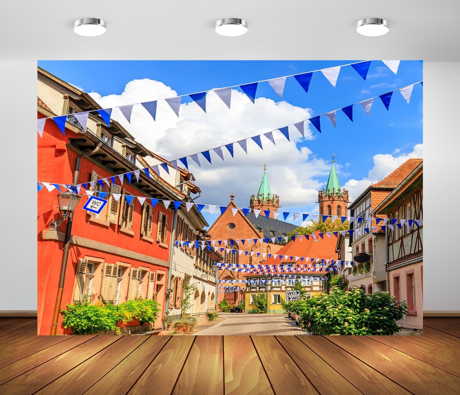 7x5ft Fabric Oktoberfest Backdrop Germany Bavaria Town Street with Bavarian Flag