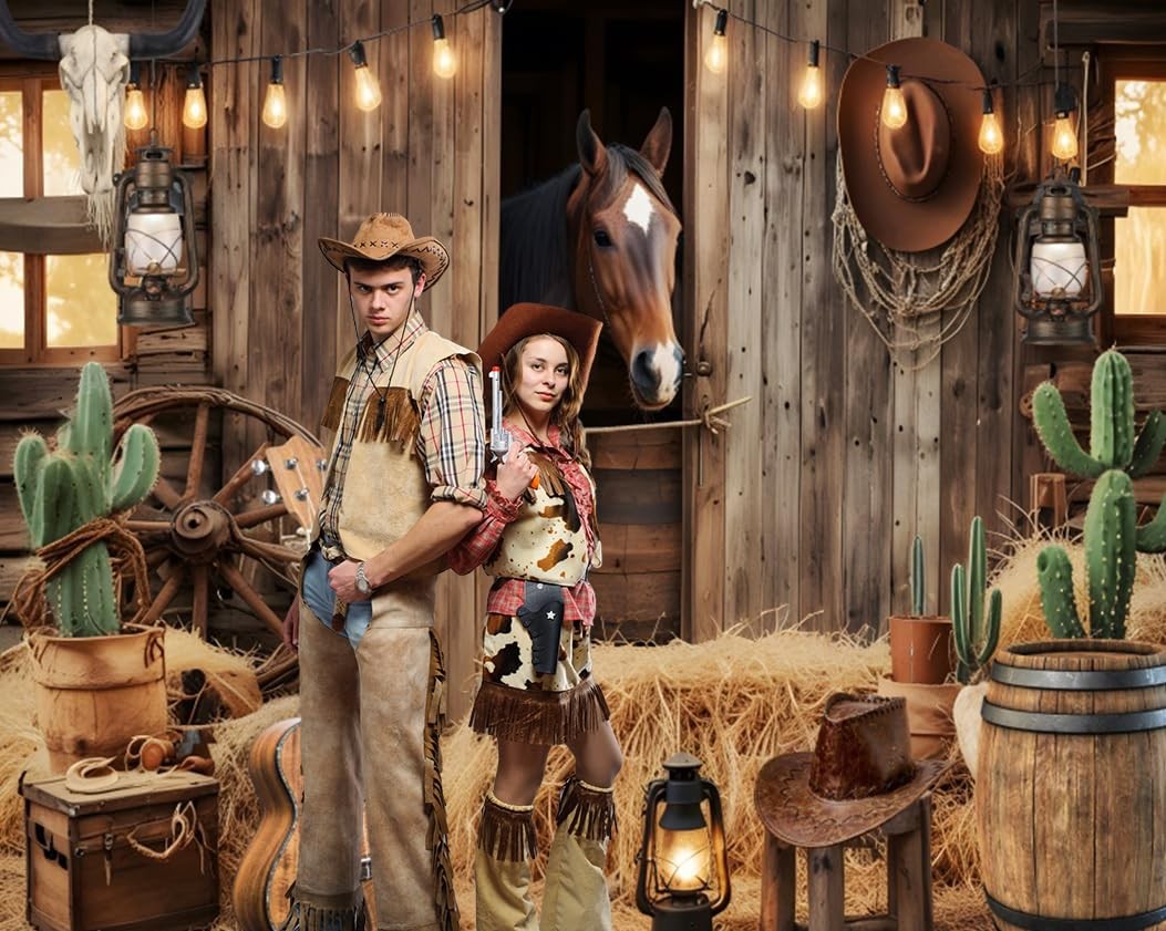 Wild West Cowboy Party Backdrop 10x8ft Rustic Barn Door Background with Horse…
