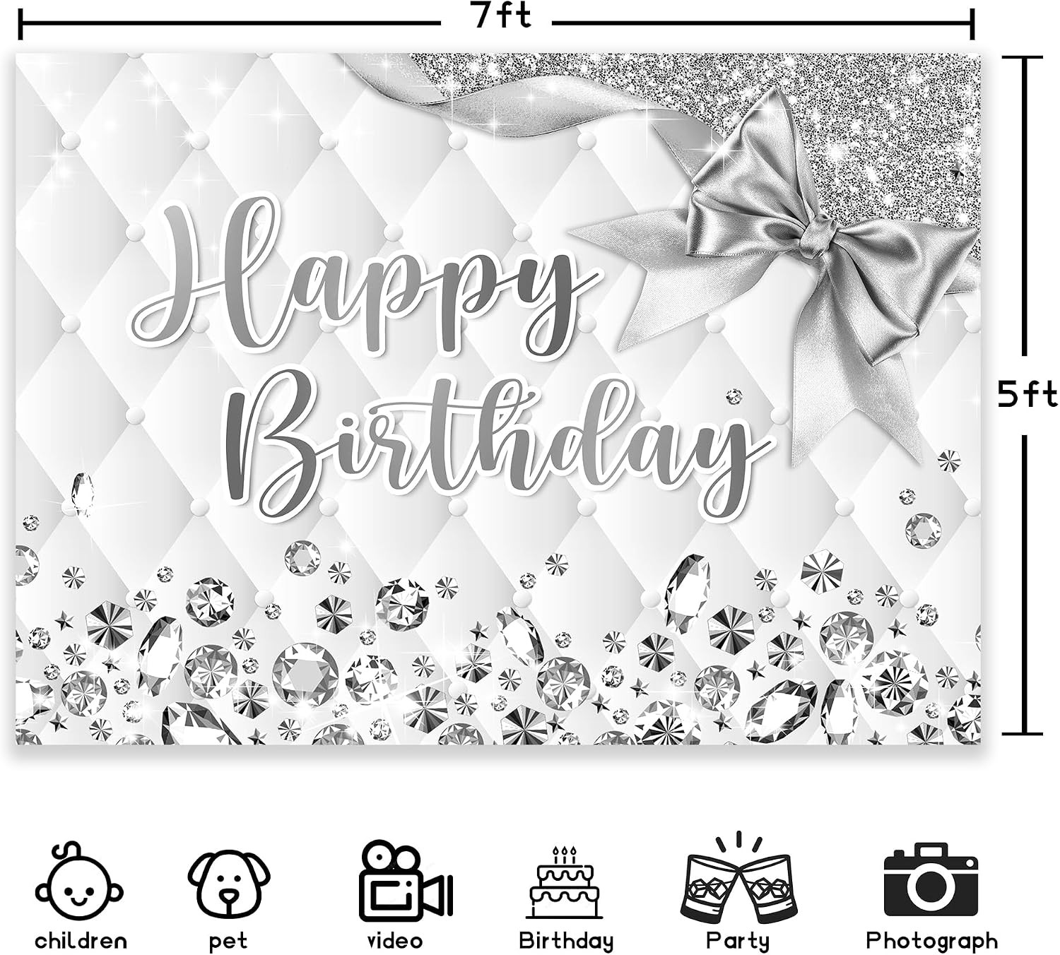 White and Silver Birthday Backdrop 7Wx5H Photography Happy Birthday Backdrop …