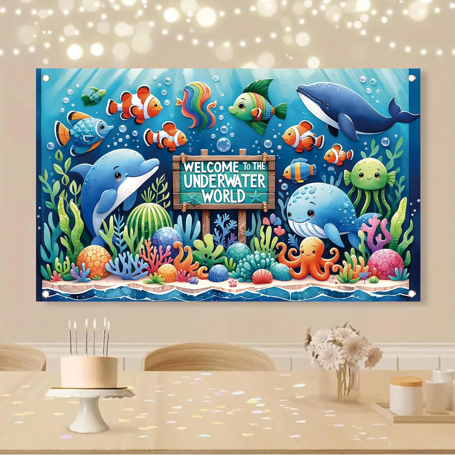 Underwater World Backdrop Banner Ocean Party Decoration Cute Sea Animal Banner f