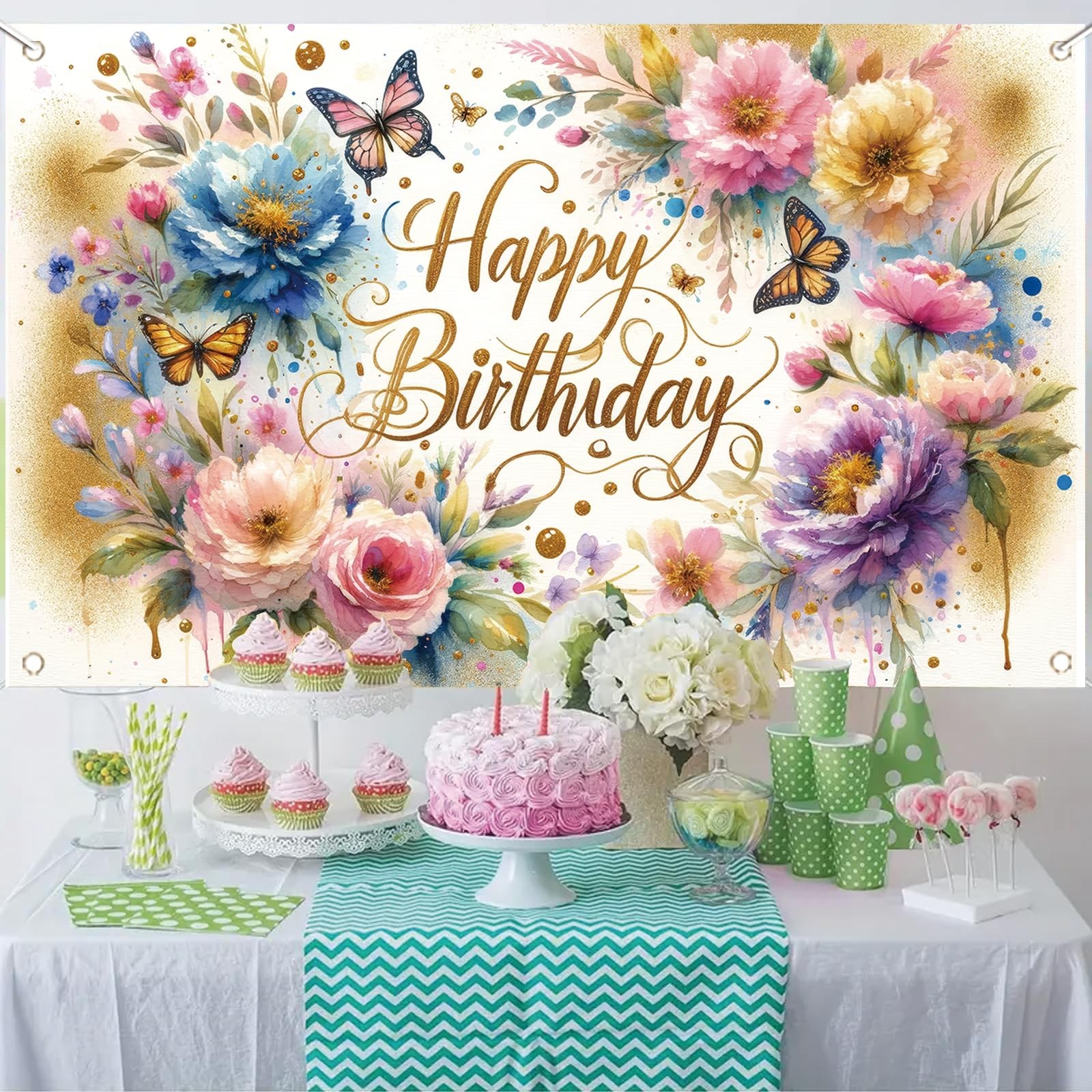Floral Birthday Backdrop for Girls 71 inches x 43 inches, Butterfly