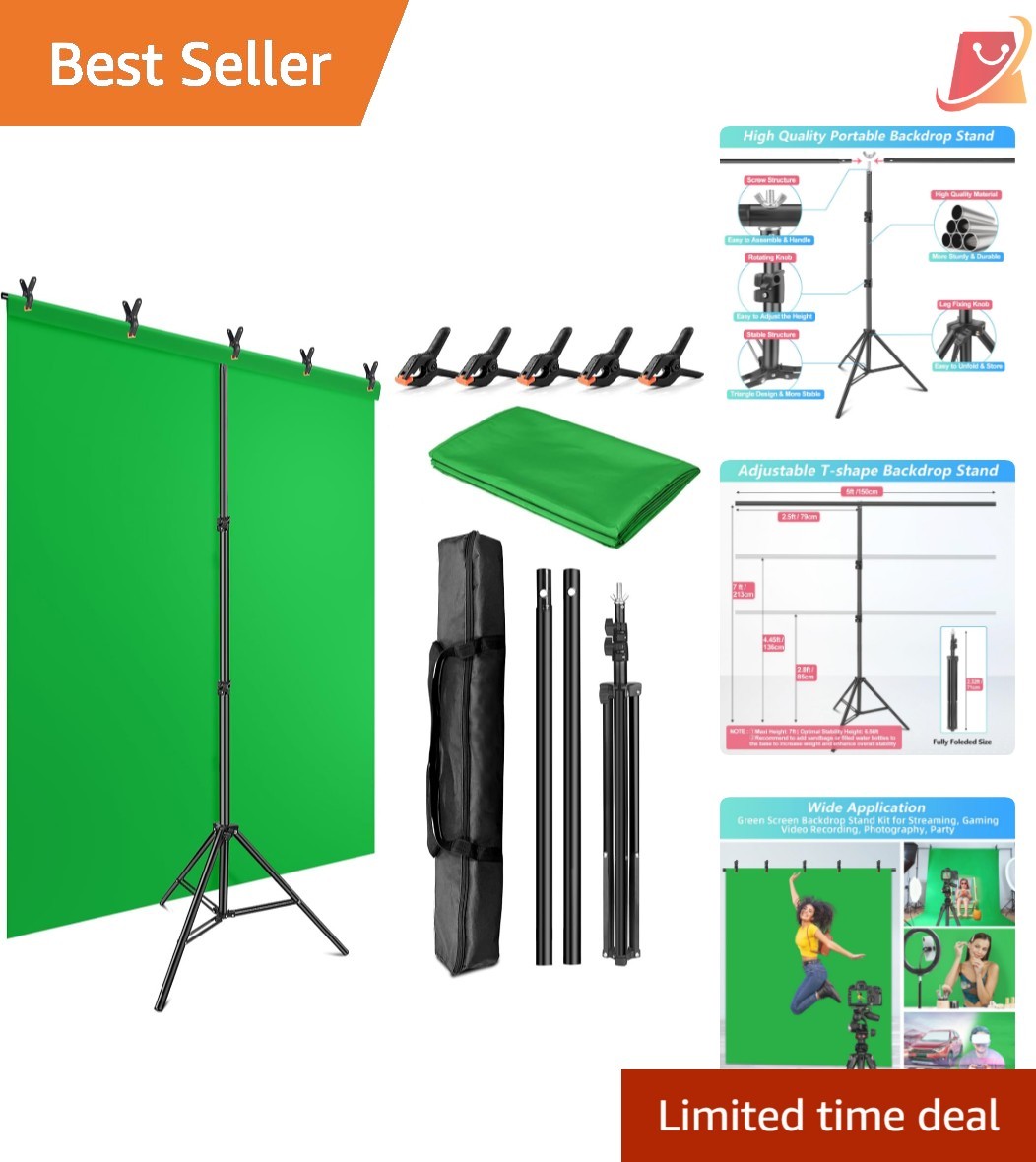Green Screen Backdrop Kit with Stand 5X6.5ft Portable for Streaming Video