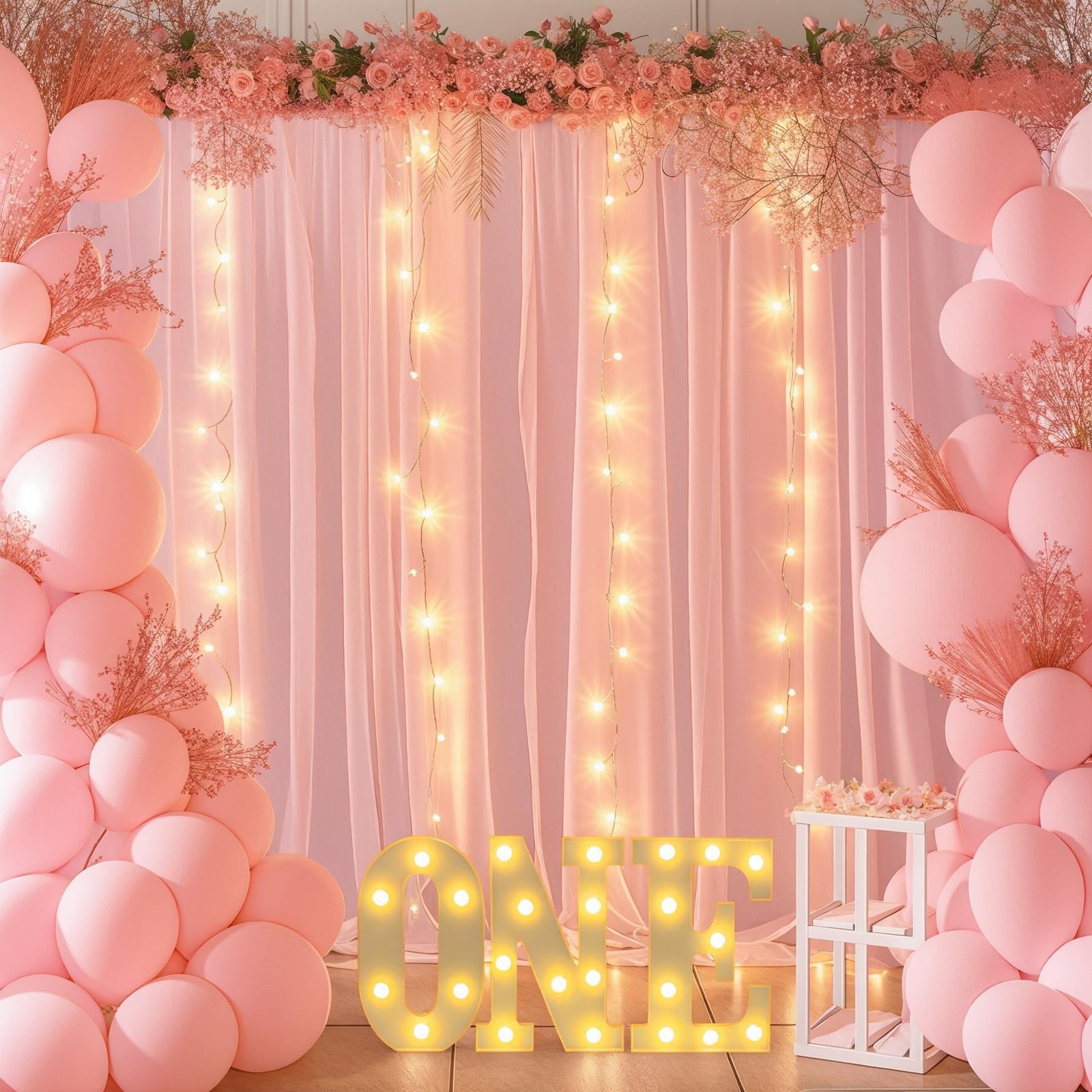 10×7 FT Baby Pink Chiffon Backdrop Curtain Fairy Light String Wedding Party